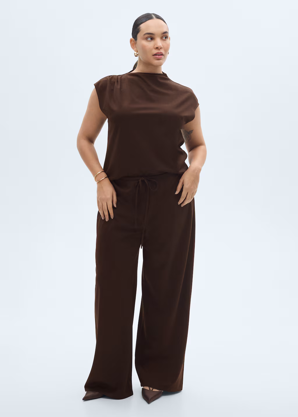 T-shirt with gathered asymmetrical neck - Sand