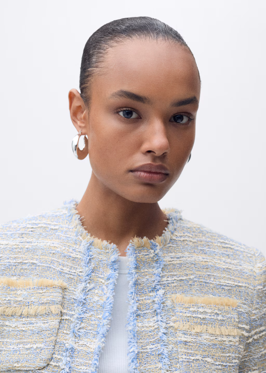 Tweed jacket with frayed ends - Sky Blue