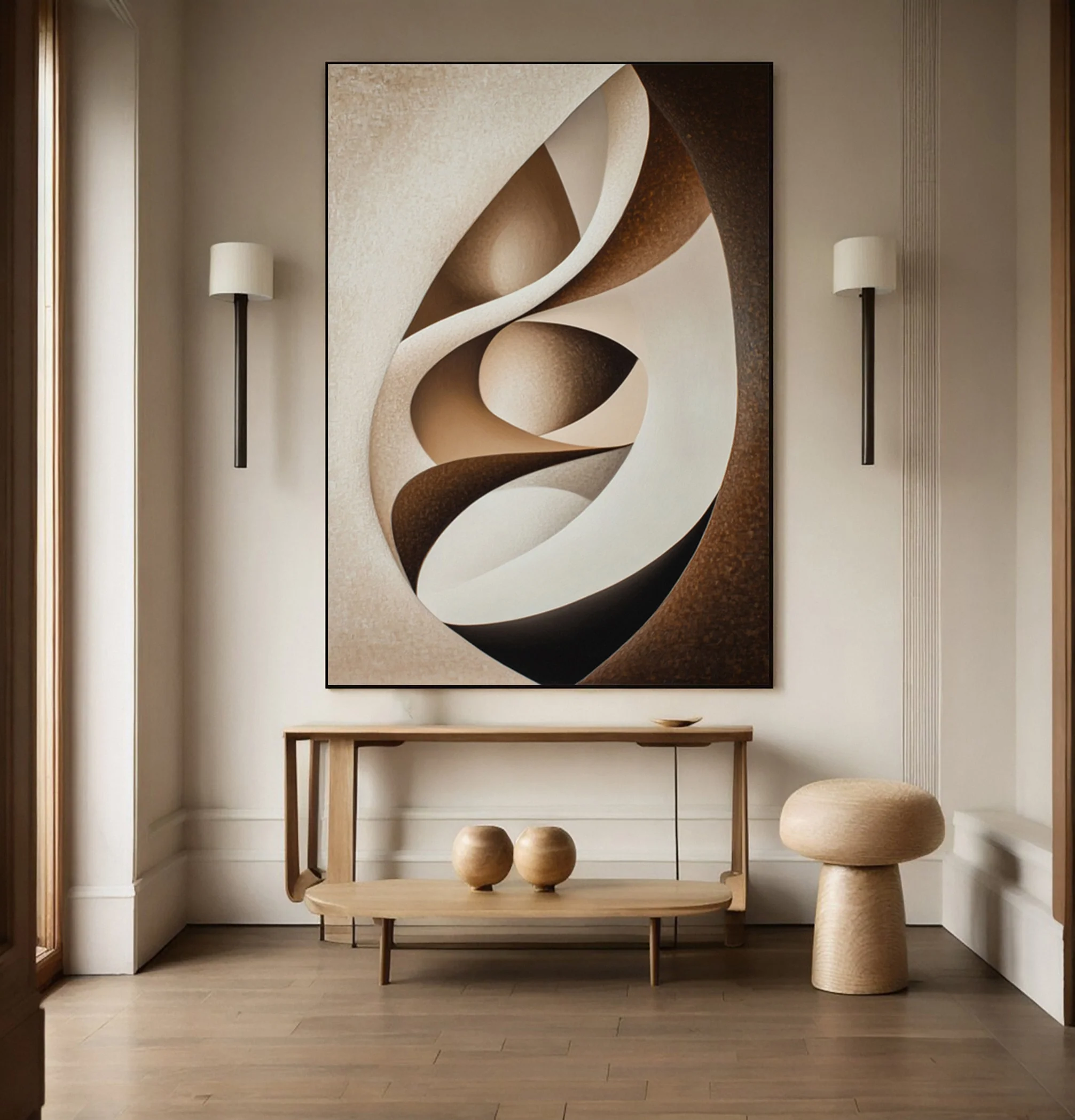 Abstract Canvas in Cream and Brown Interplay Within an Oval #BGA 299