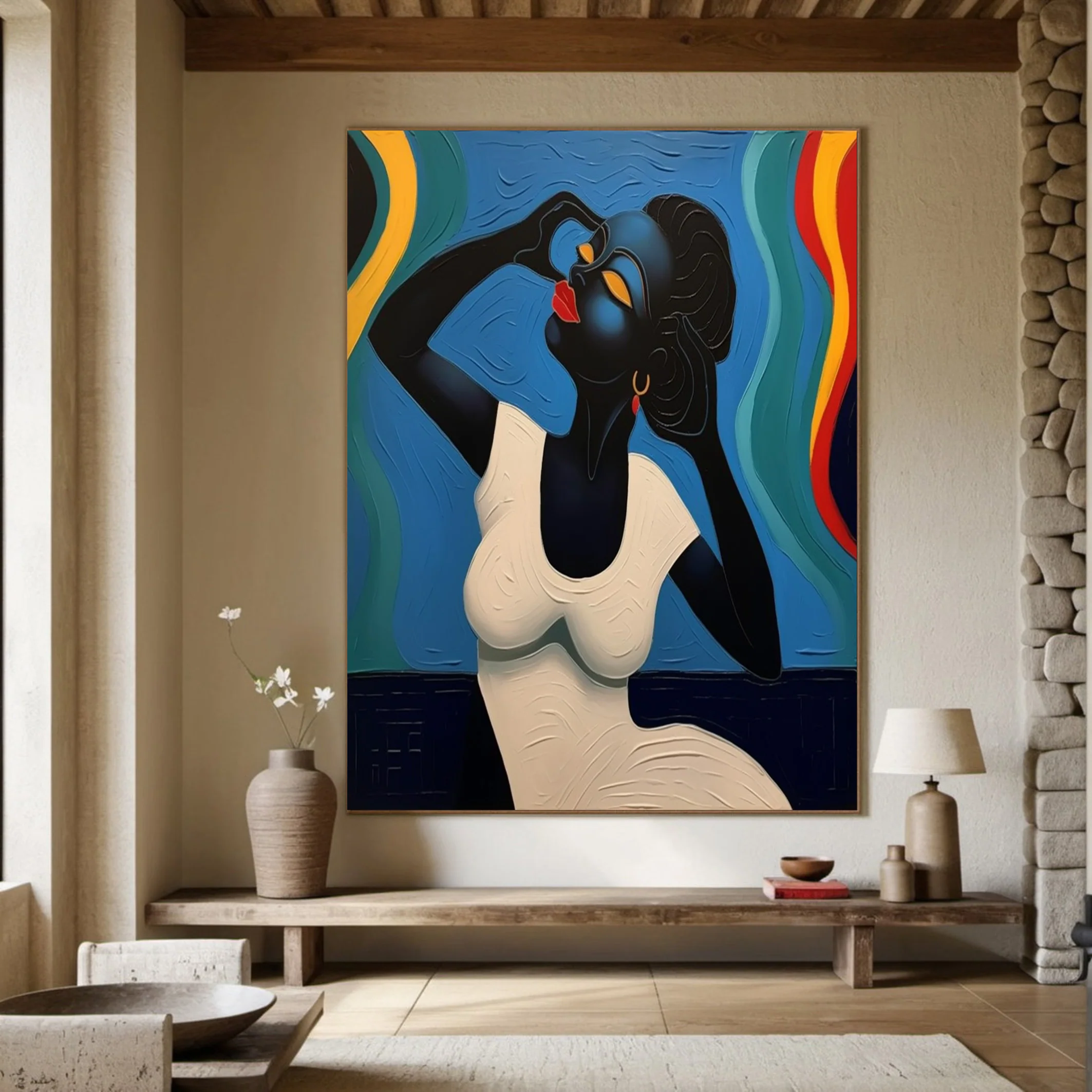 Stylized Portrait with Textured Color Waves, Modern Wall Art #BGA 256