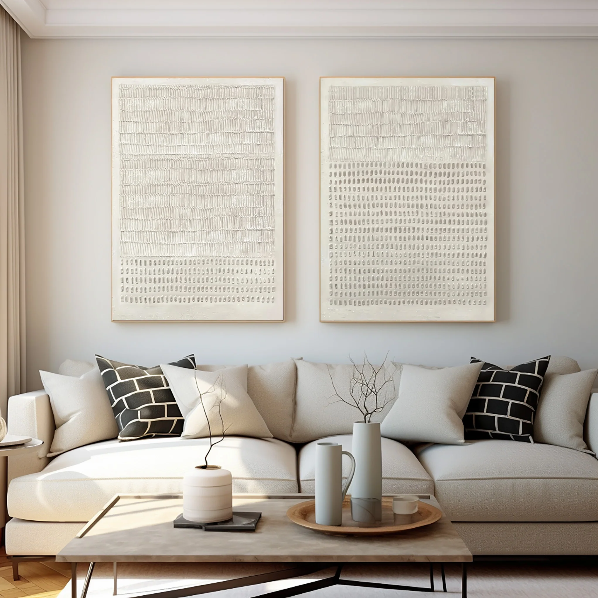 Contemporary Neutral Wall Art Set Two Piece Living Room #WG 032