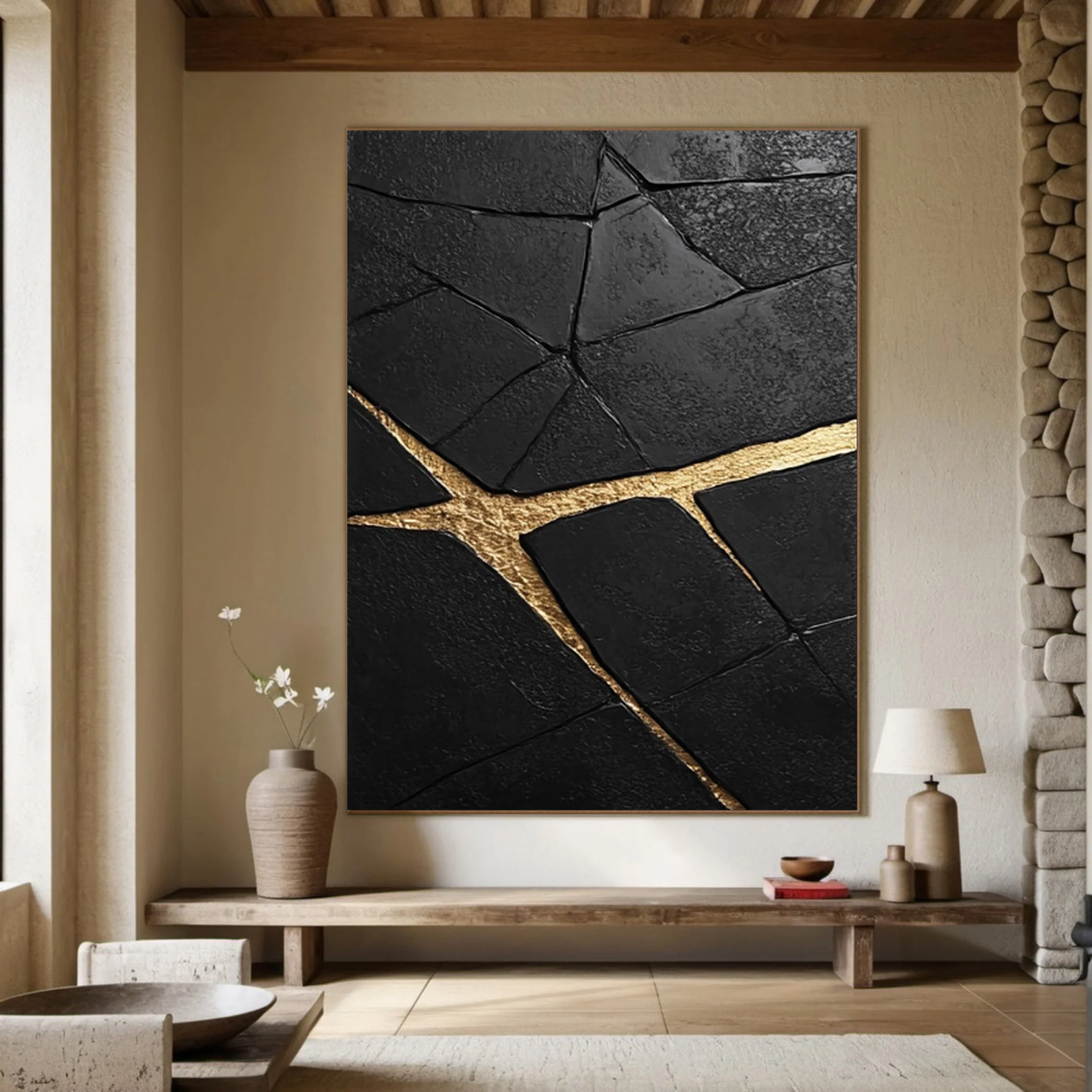 Contemporary Black Impasto Painting with Striking Gold Inlays #BGA 264