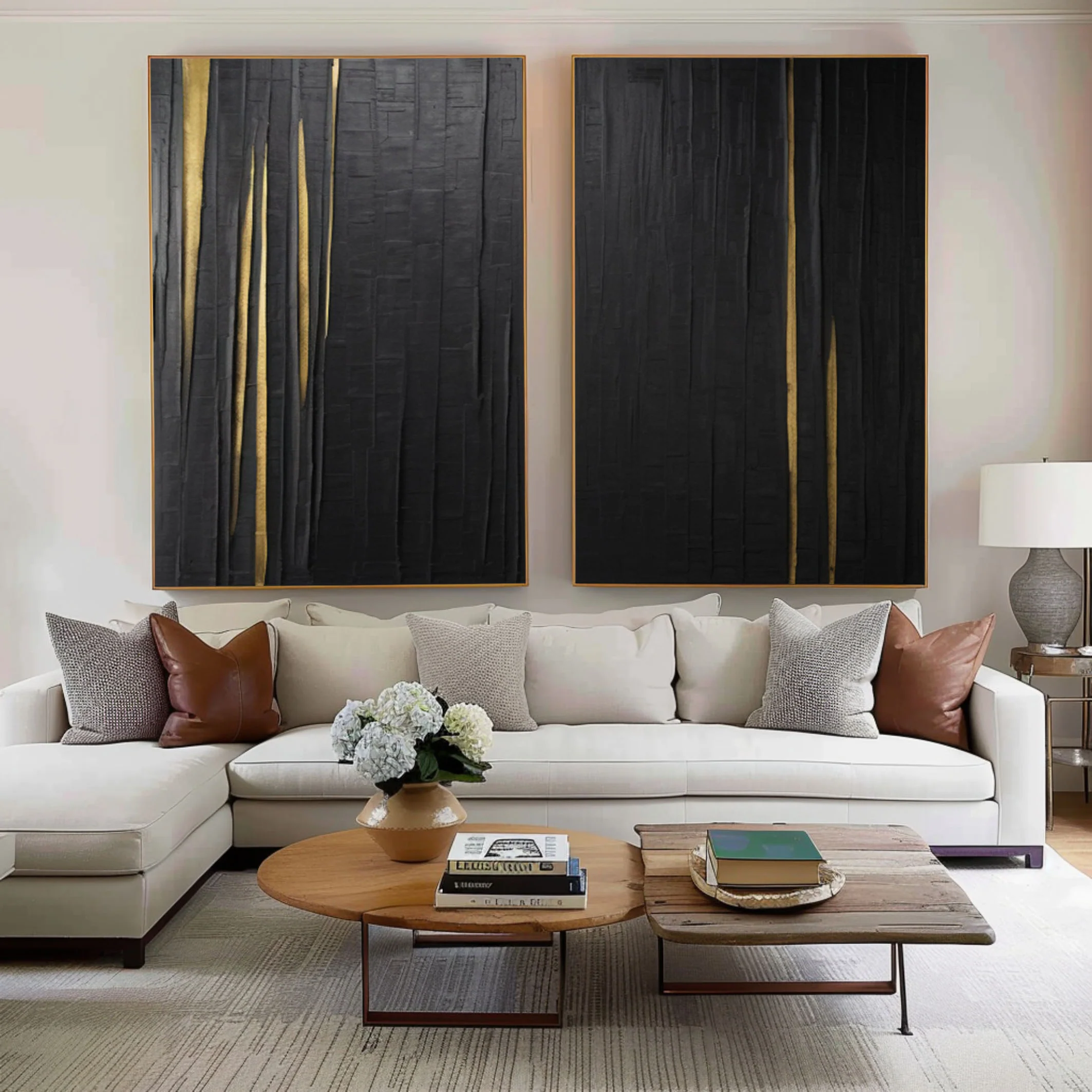 Textured Black Abstract Art Diptych with Vertical Gold Inlays #BGA 291
