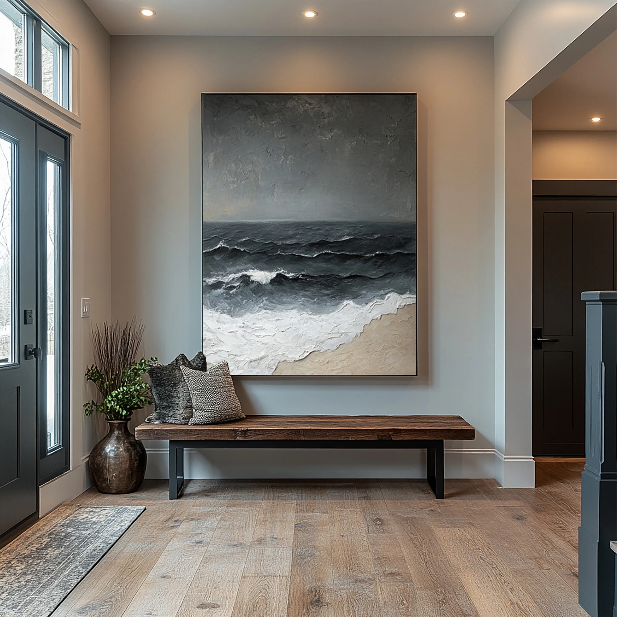 Modern Textured Ocean Art with Sandy Shoreline and Moody Sky #BGA 346