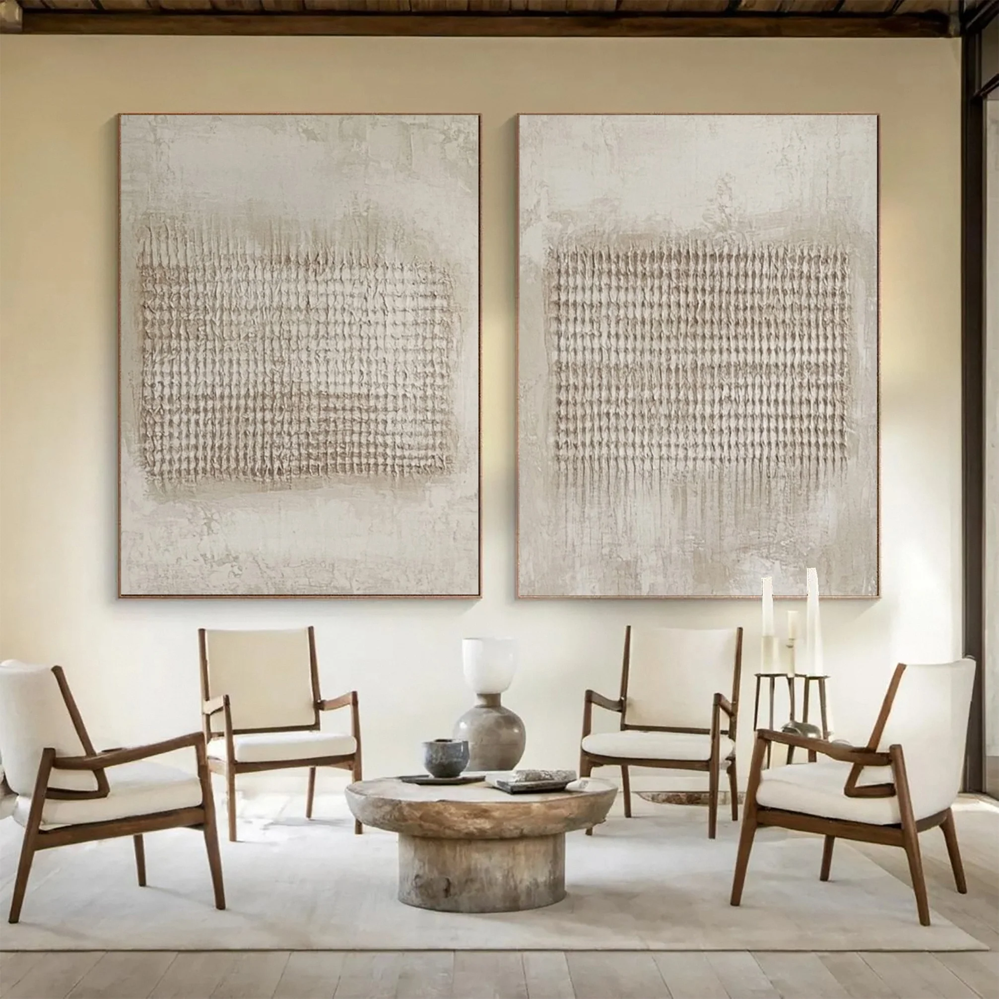 Minimalist Neutral Diptych with Uniform Vertical Tactile Rows #BGA 324