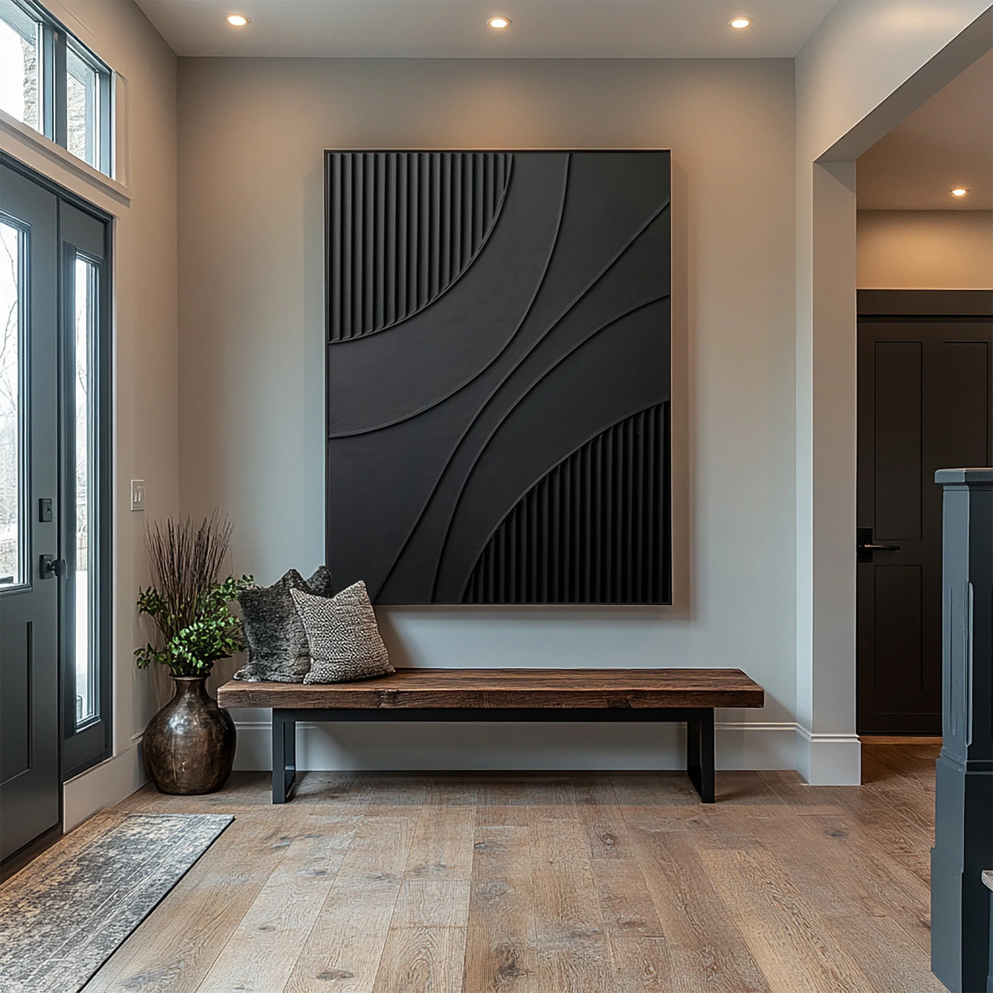 Black Canvas with Vertical Striations and Overlapping Curves #BGA 330