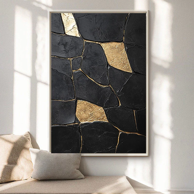 Large Textured Black Abstract with Geometric Gold Inlays #BGA 270