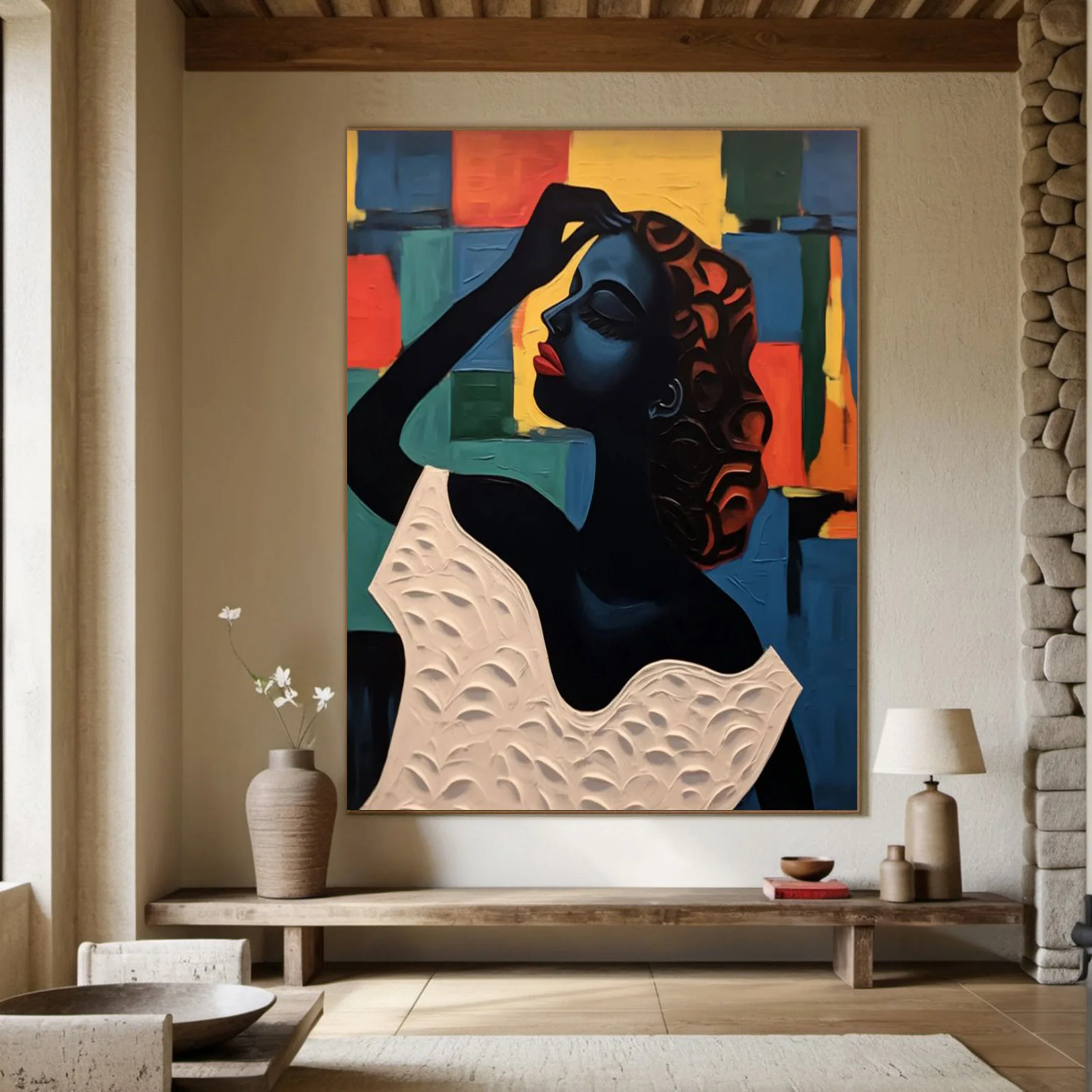 Textured Portrait with Bold Color Geometry, Modern Wall Art #BGA 257