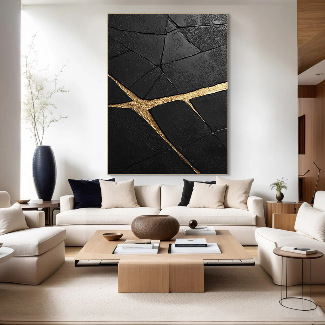 Contemporary Black Impasto Painting with Striking Gold Inlays #BGA 264