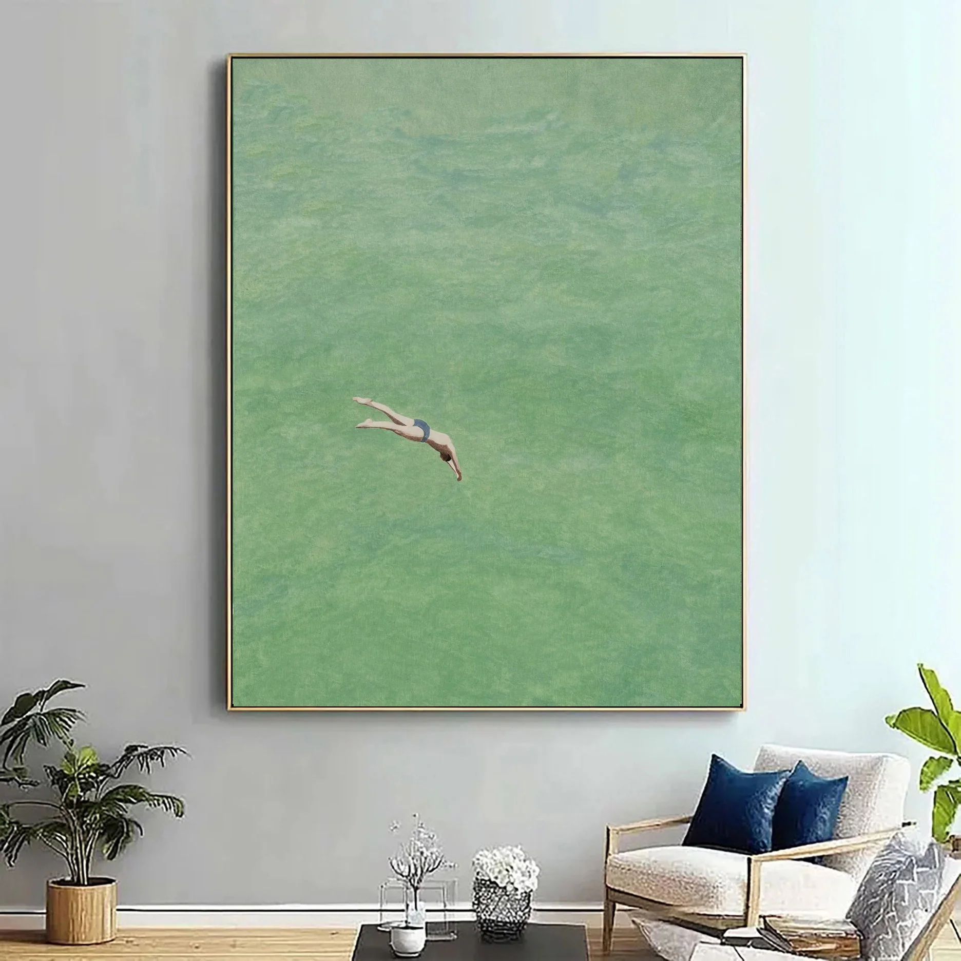 Serene Dive Painting in Light Green Water from Above #BGA 367