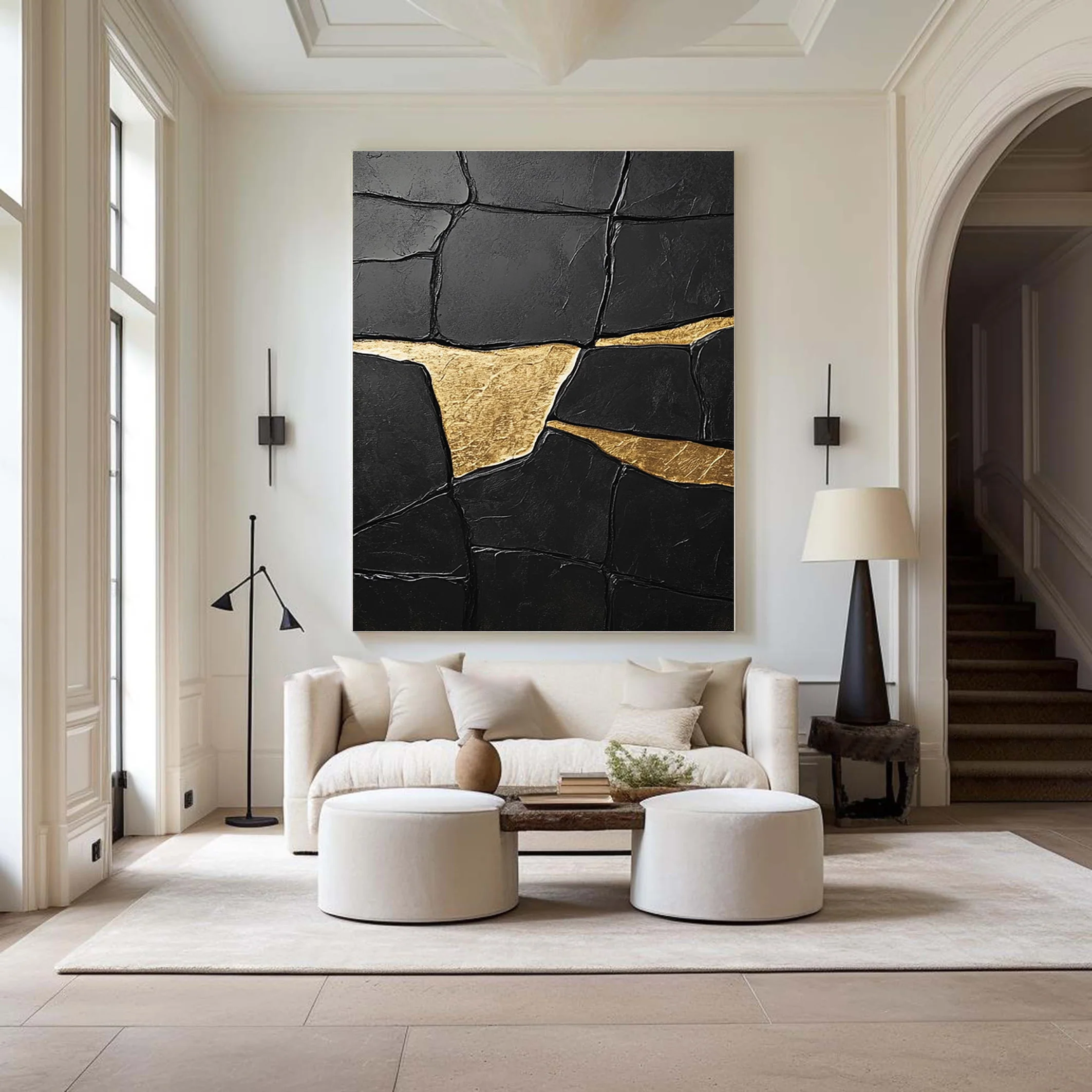 Black Impasto Art with Bold Golden Fractures, Textured Abstract #BGA 267