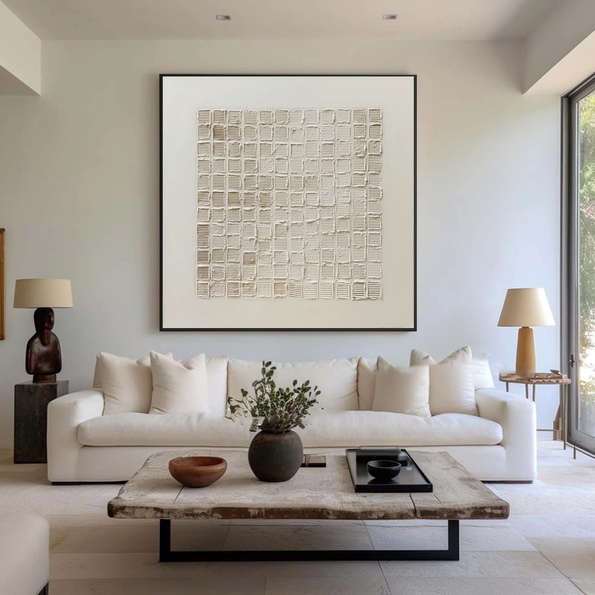 Modern Textured Wall Art White Cream Square Decor #WG 055