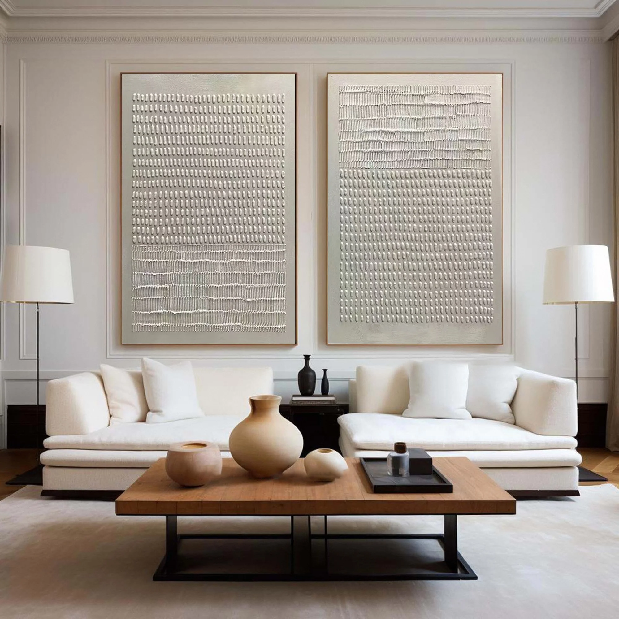 Modern Beige Abstract Diptych with Organic Textured Fields #BGA 343