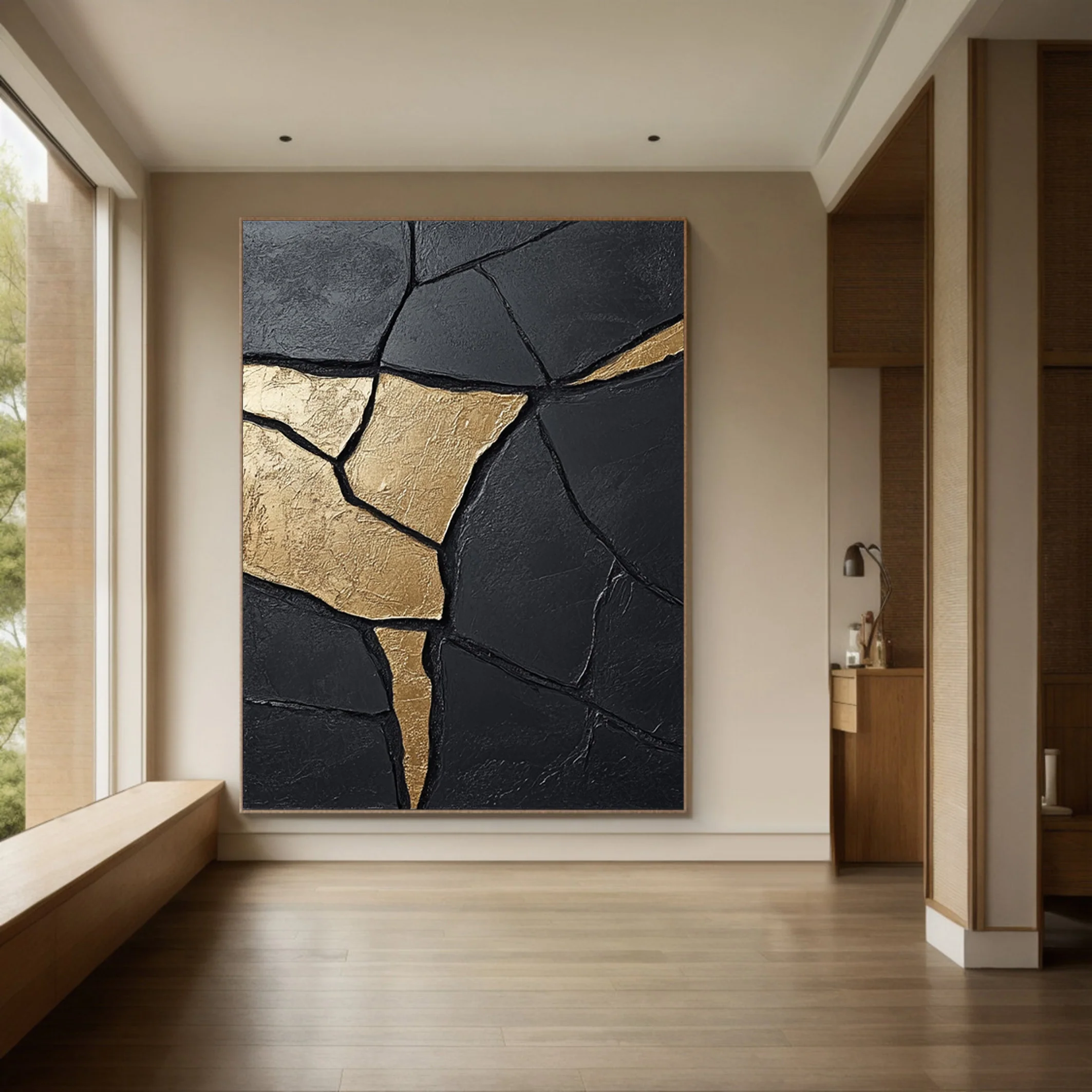 Large Contemporary Black Impasto with Flowing Gold Accents #BGA 271