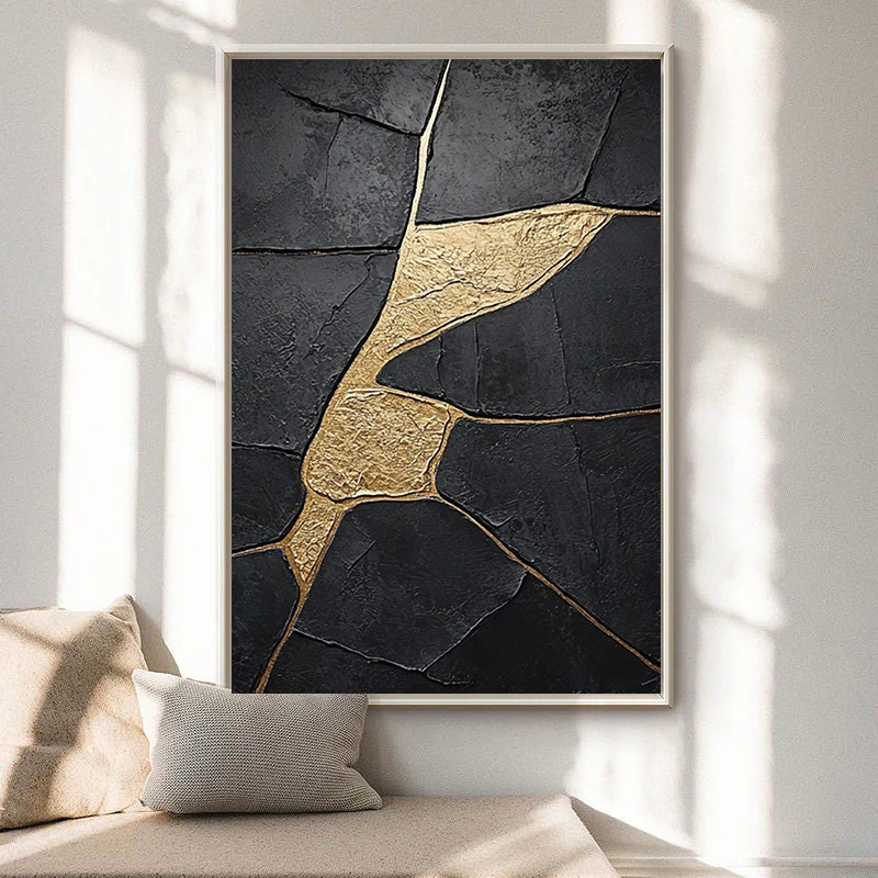 Large Black Abstract with Gold Repair Lines for Modern Home #BGA 272