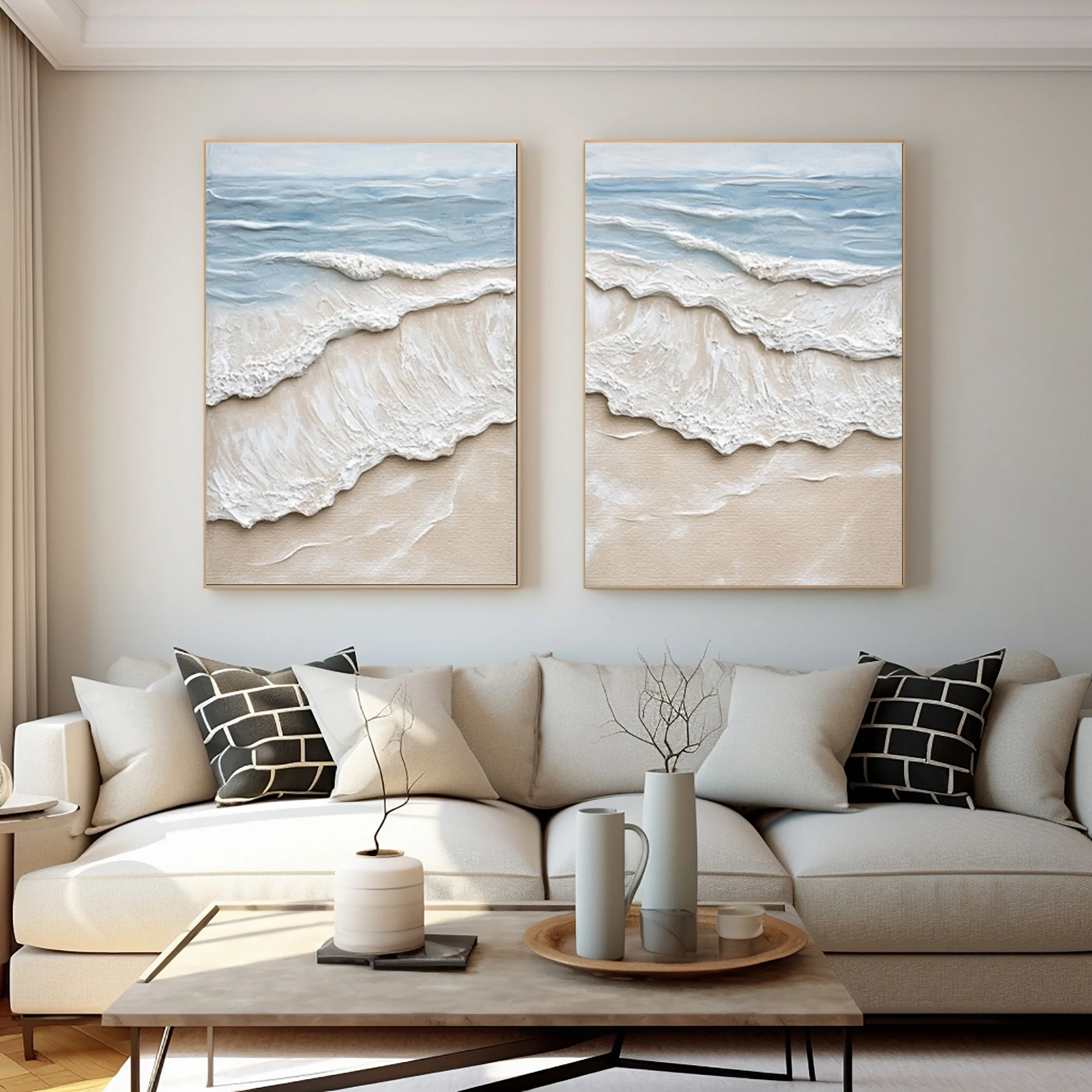 Modern Abstract Diptych with Tactile Waves and Beach Patterns #BGA 359