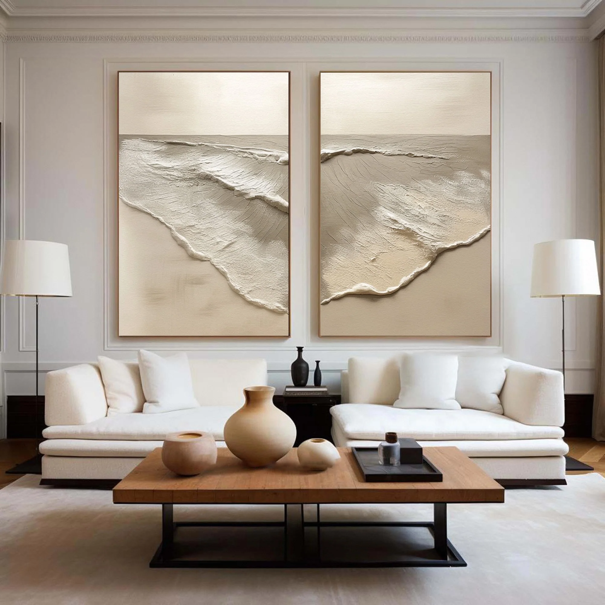 Minimalist Neutral Beach Diptych with Tactile Coastal Forms #BGA 304