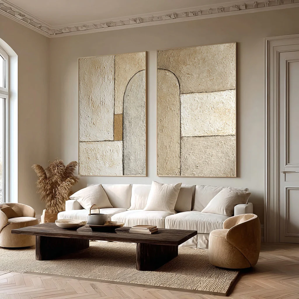 Minimalist Beige & Brown Abstract Diptych Painting #WG 078