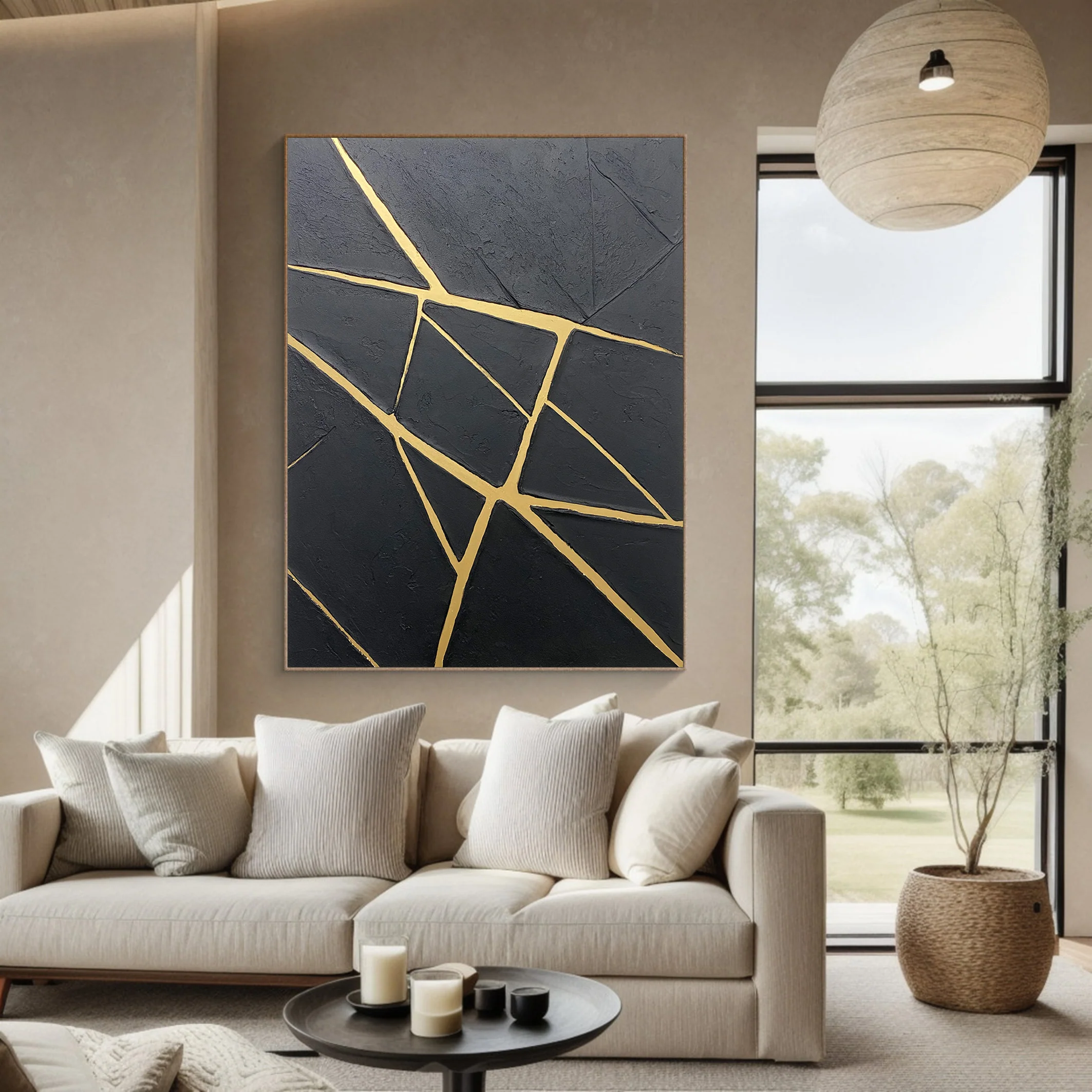 Contemporary Black Impasto with Luminous Linear Gold Markings #BGA 277