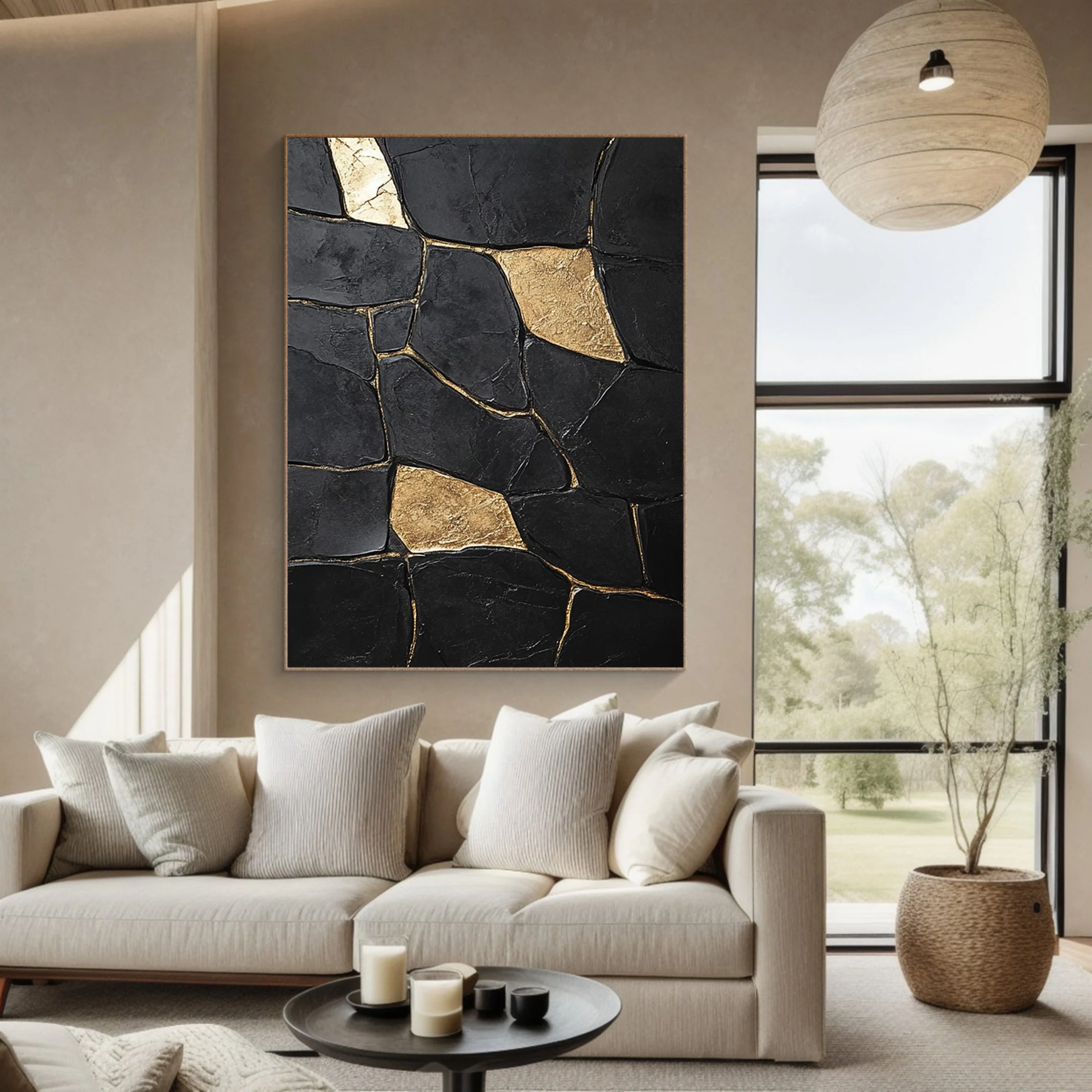 Large Textured Black Abstract with Geometric Gold Inlays #BGA 270