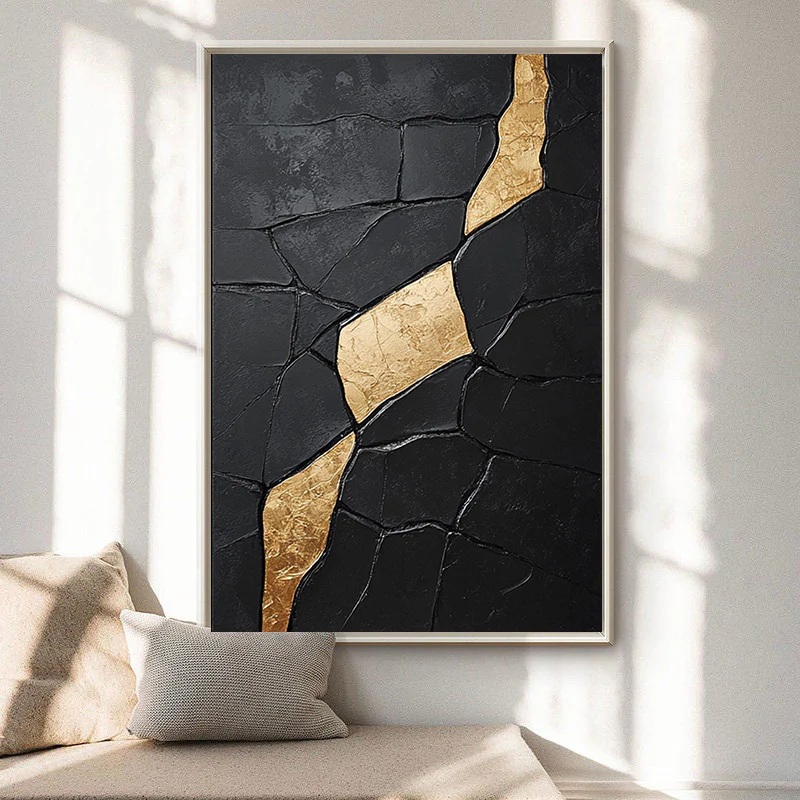 Contemporary Black Impasto with Diagonal Flowing Organic Gold #BGA 274