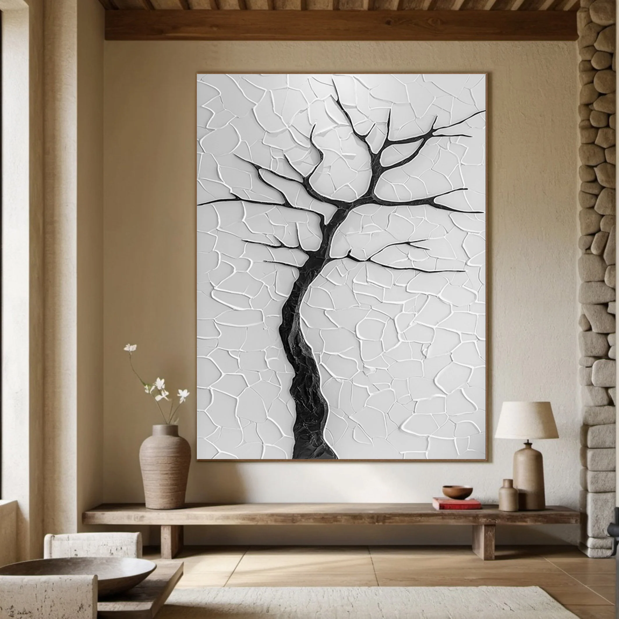 Contemporary Black Tree Silhouette on Textured Neutral Canvas #BGA 285