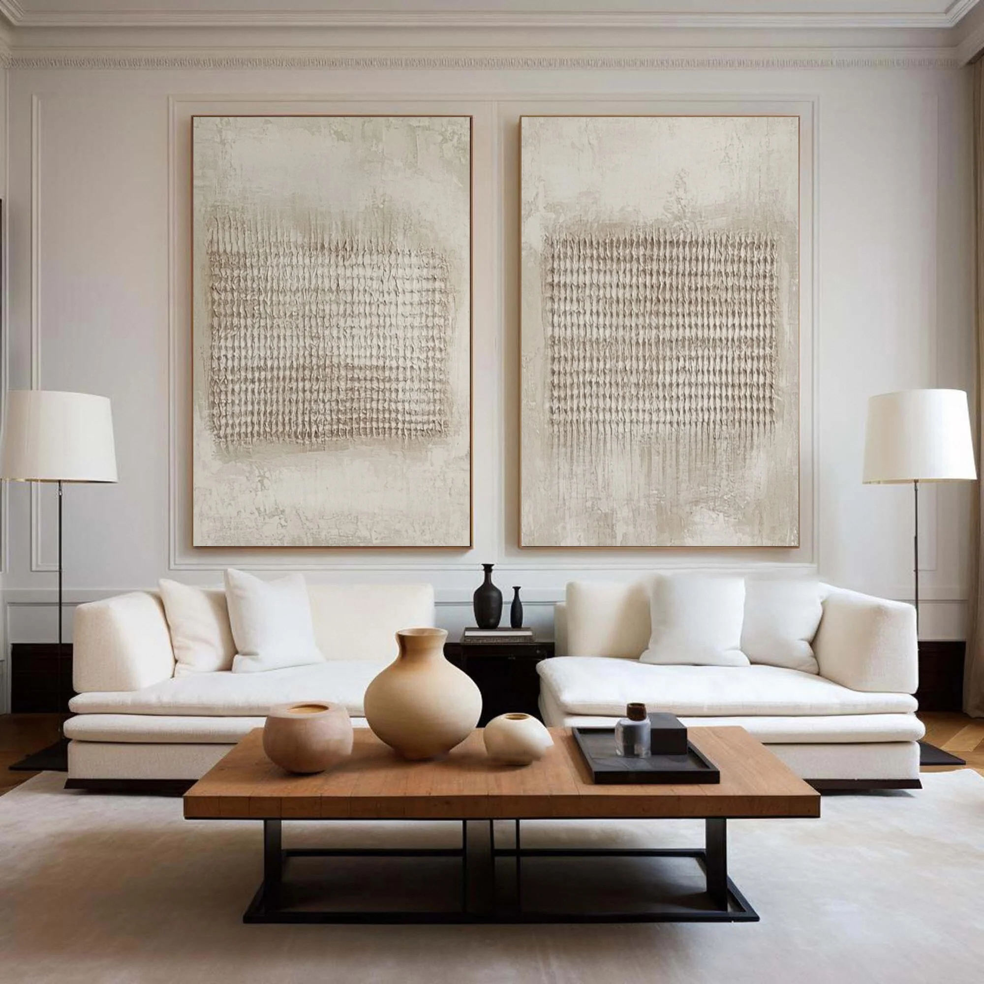 Minimalist Neutral Diptych with Uniform Vertical Tactile Rows #BGA 324