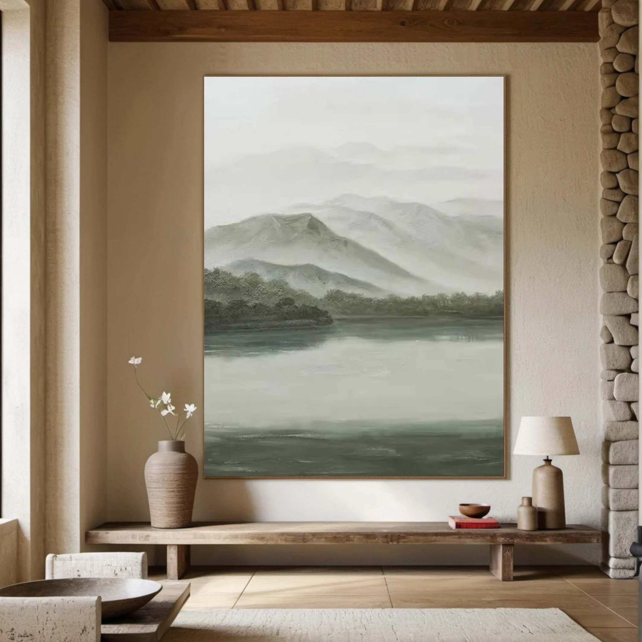 Soft Gray & Green Landscape, Peaceful Mountain Lake Scene #BGA 255