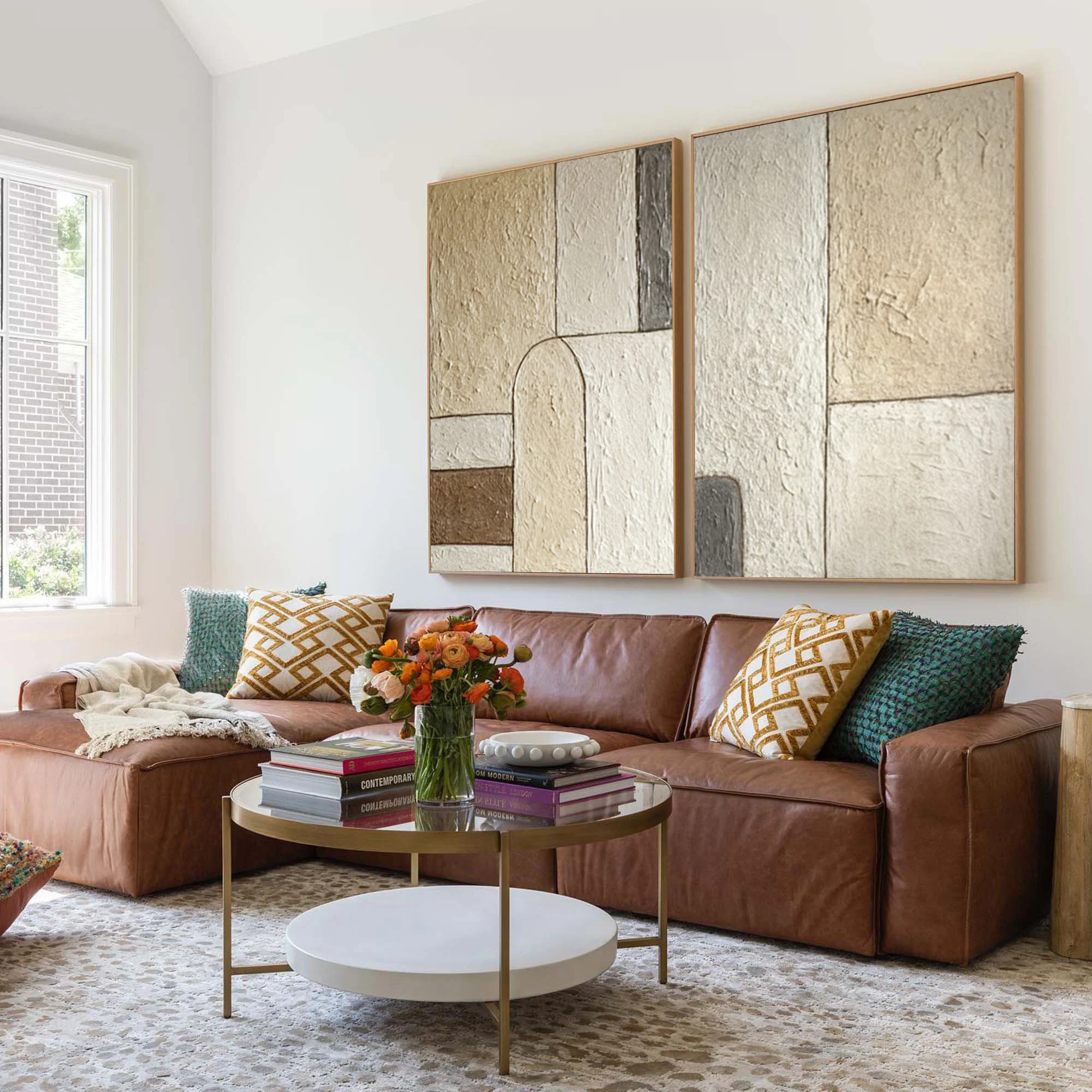 Textured Geometric Paintings Duo Contemporary Beige #WG 047