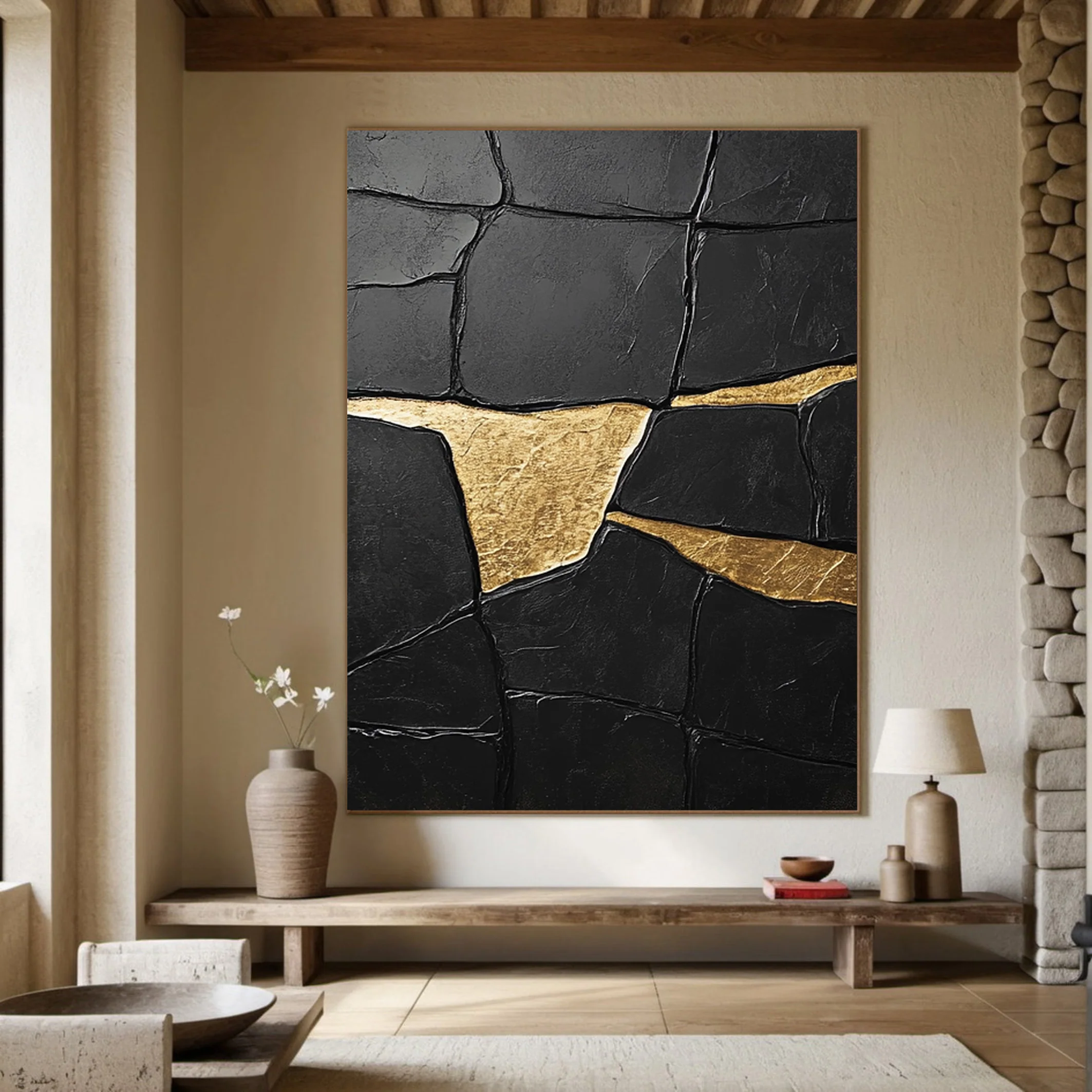 Black Impasto Art with Bold Golden Fractures, Textured Abstract #BGA 267