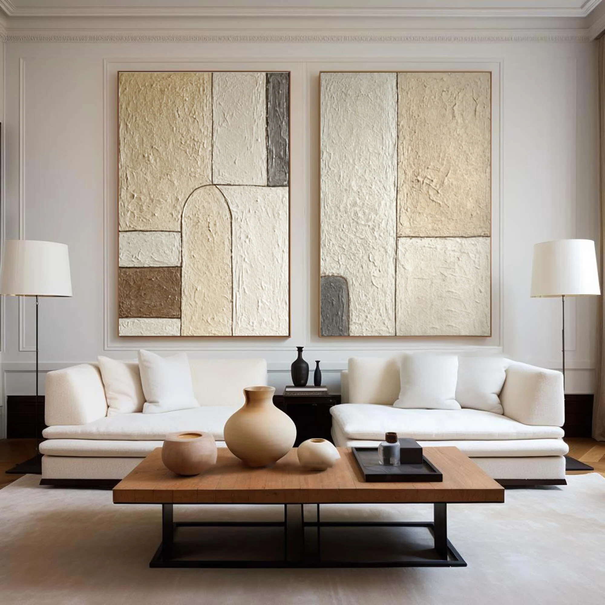 Textured Geometric Paintings Duo Contemporary Beige #WG 047