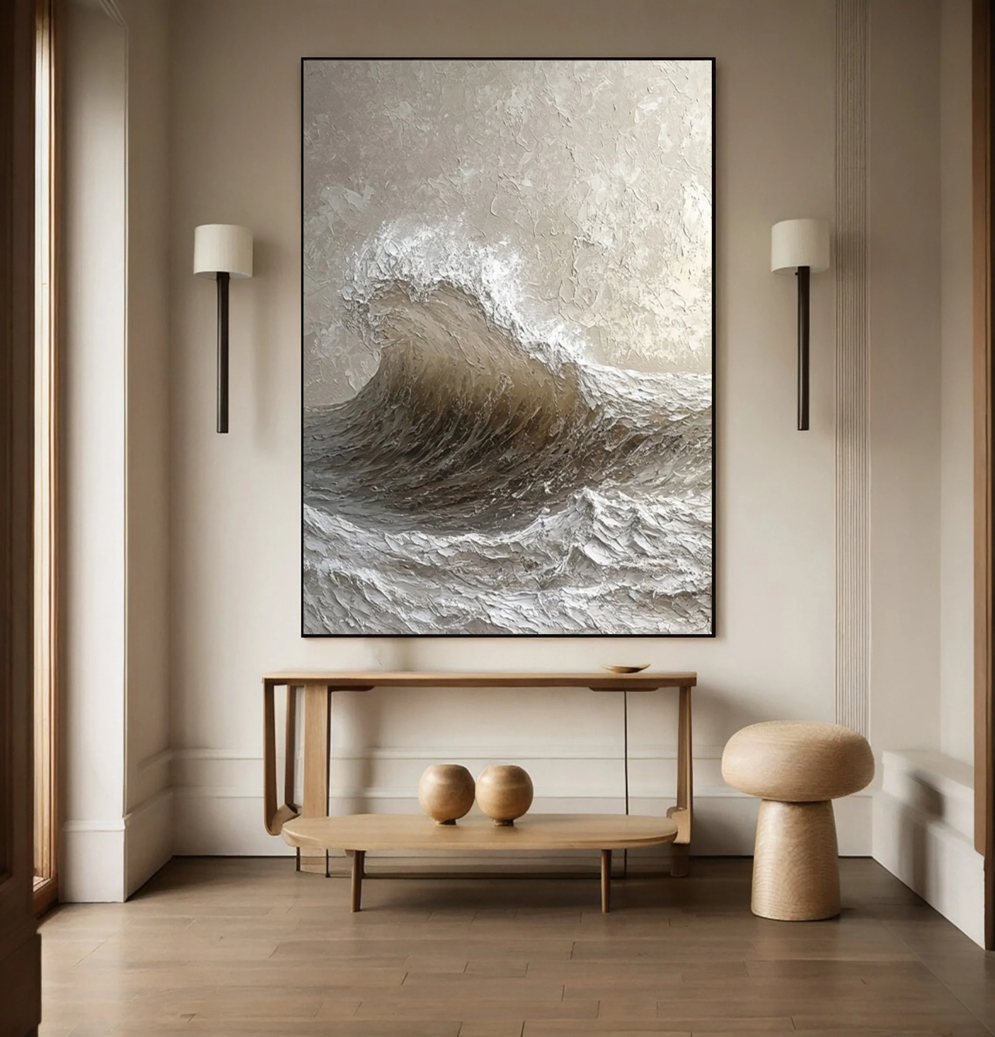 Modern Textured Ocean Wave Canvas in Monochromatic Detail #BGA 327