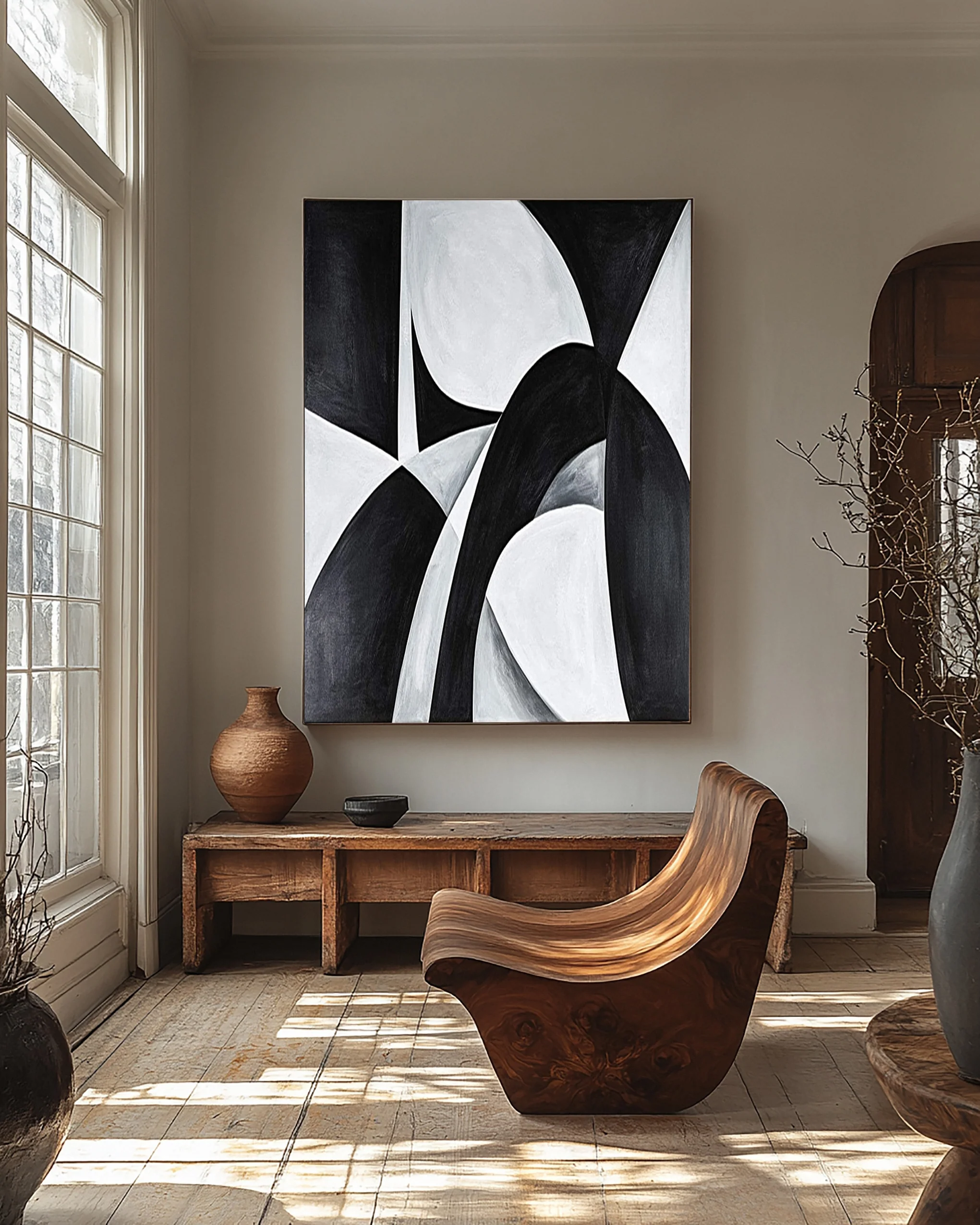 Large Modern Dynamic Black and White Abstract Painting #BGA 337