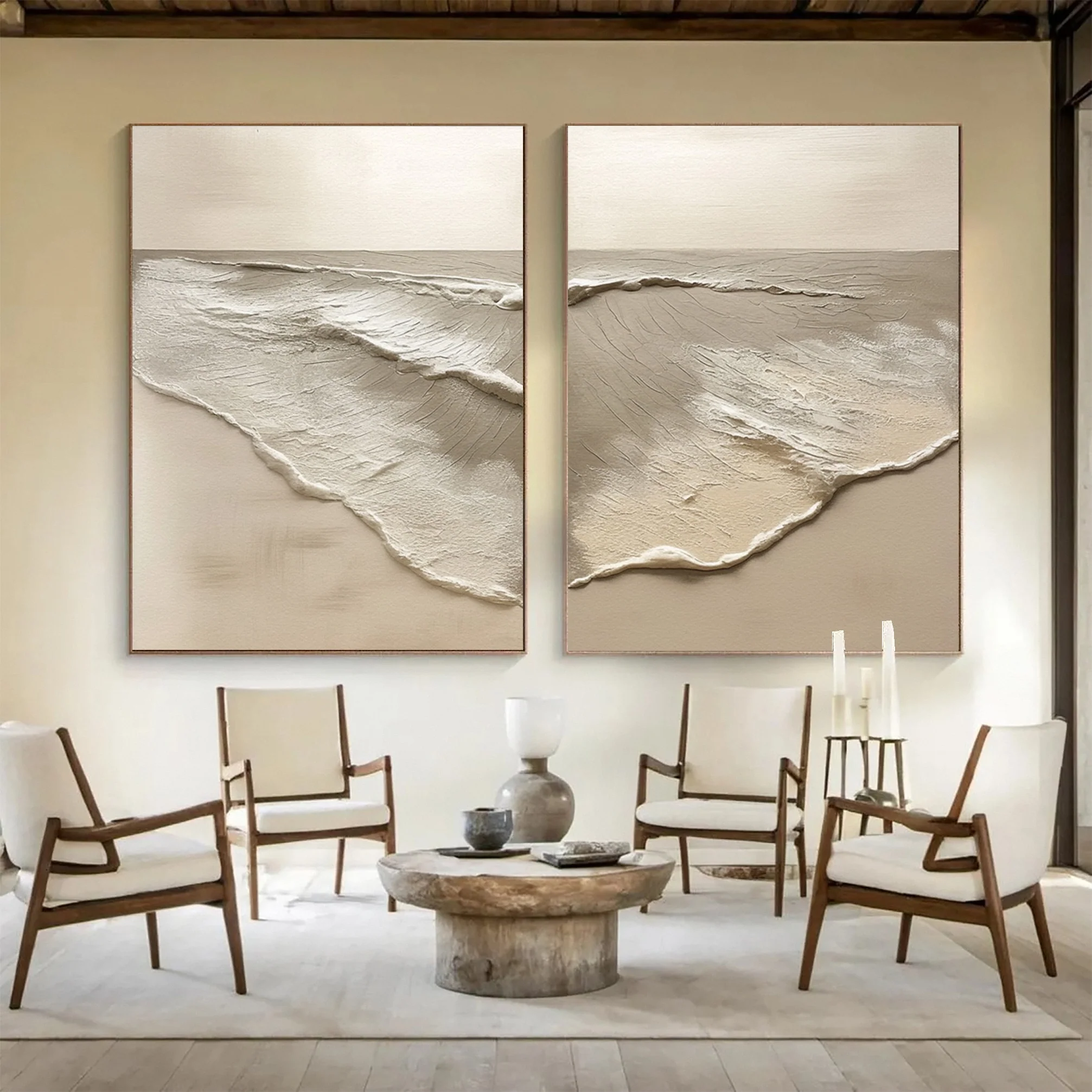 Minimalist Neutral Beach Diptych with Tactile Coastal Forms #BGA 304