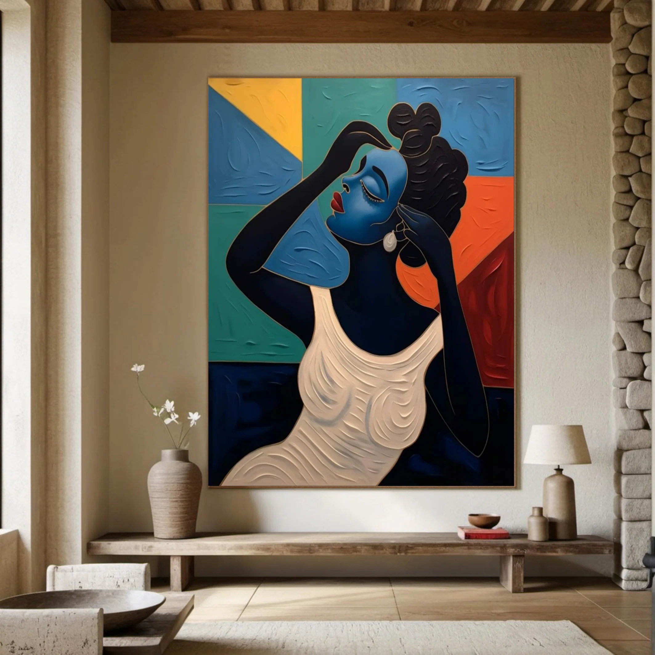 Textured Portrait with Bold Color Blocks, Modern Stylized Art #BGA 254