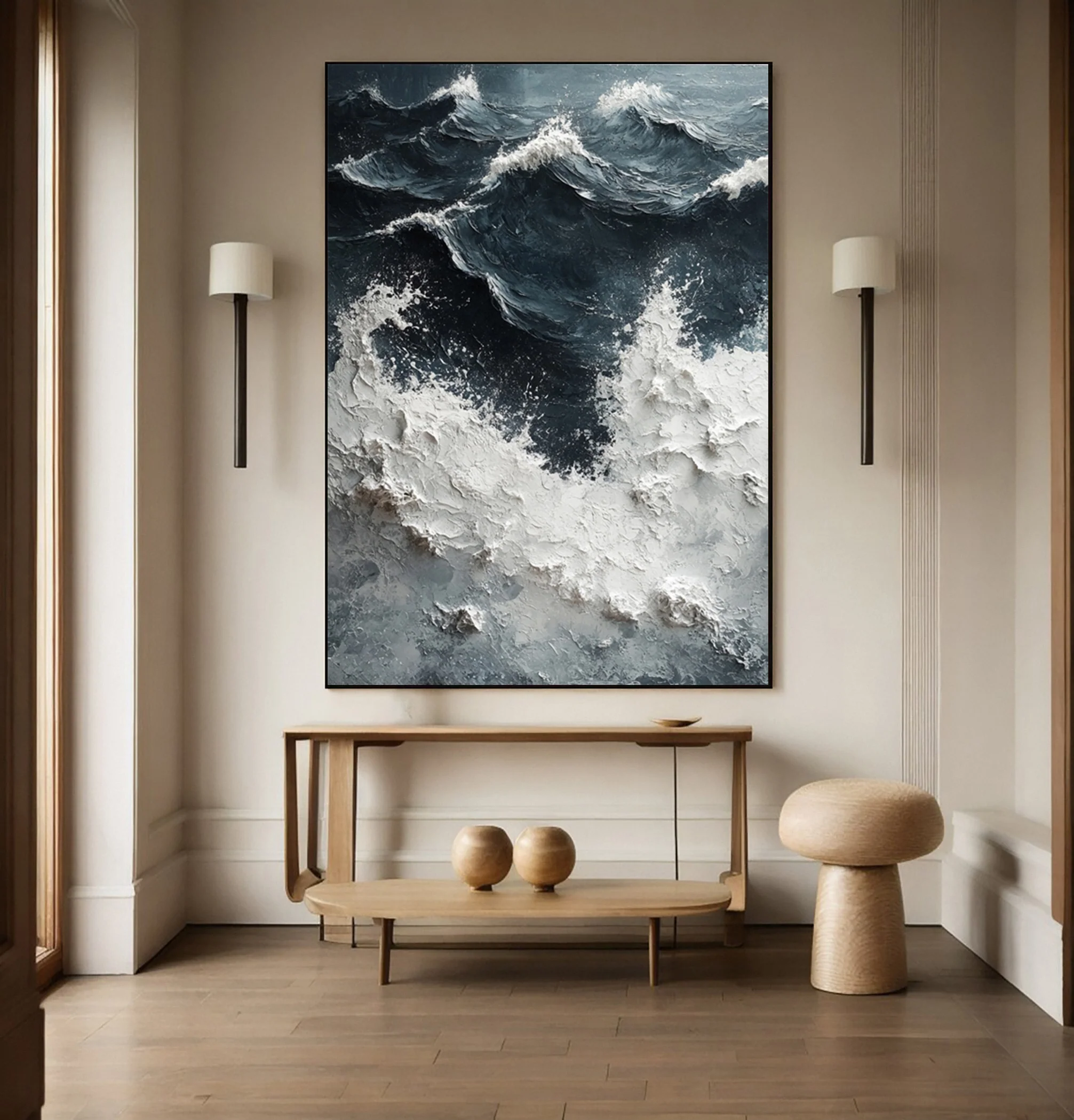Dramatic Textured Ocean Wave Painting with Turbulent Sky #BGA 347