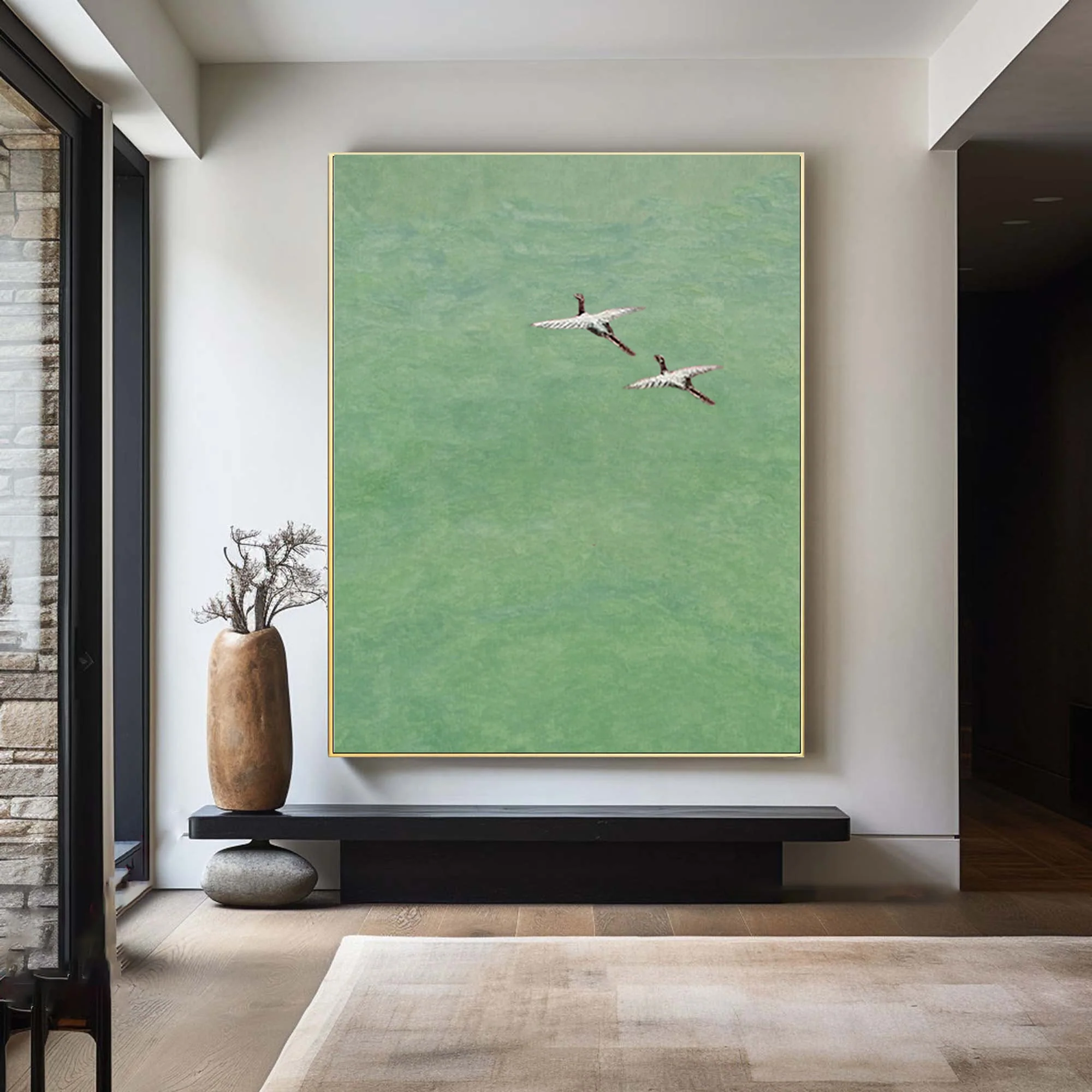 Two Birds Abstract Landscape - Textured Green Wall Decor #WG 085