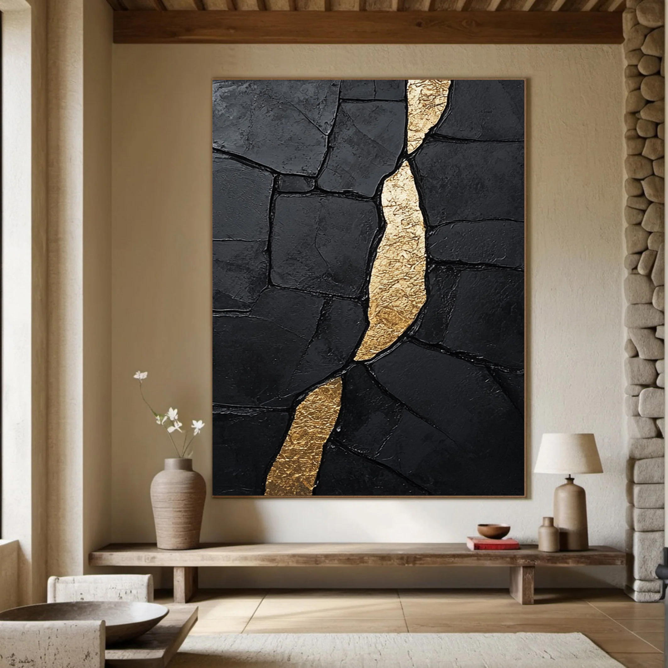 Large Heavily Textured Black and Gold Abstract for Luxe Decor #BGA 273