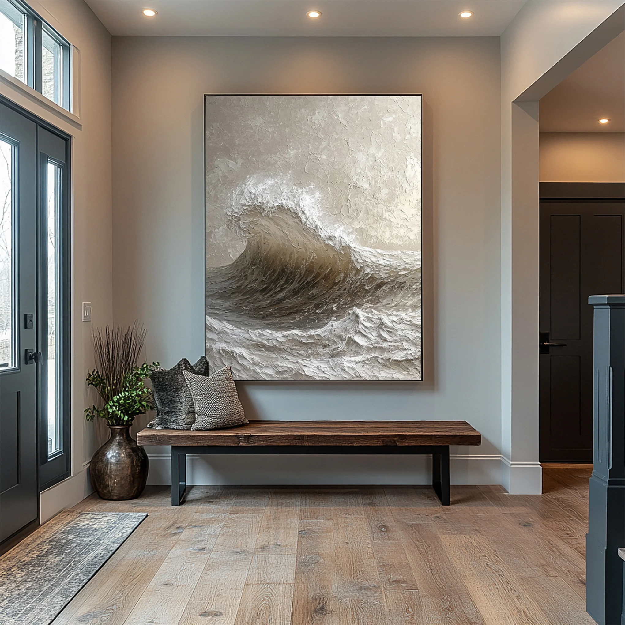 Modern Textured Ocean Wave Canvas in Monochromatic Detail #BGA 327