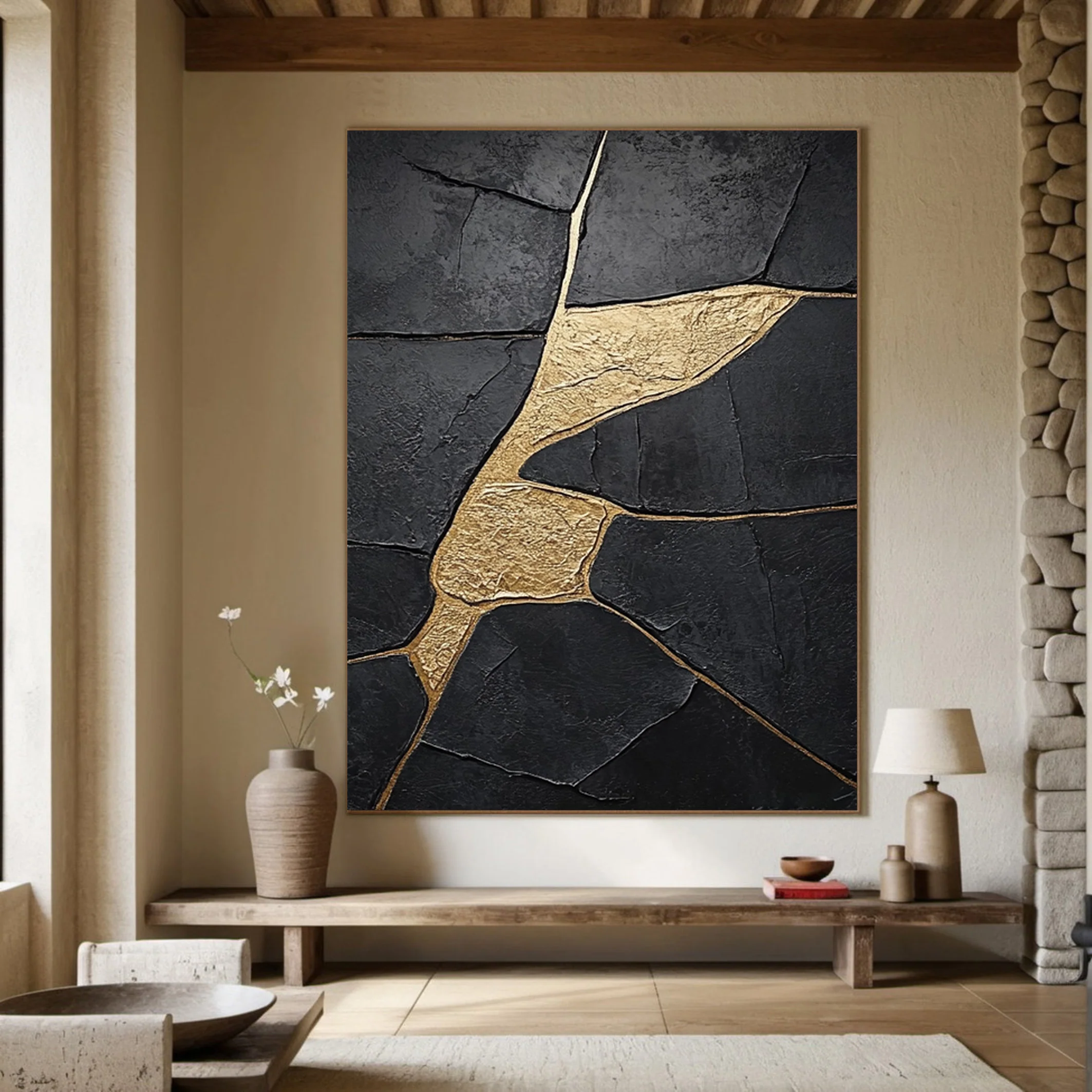 Large Black Abstract with Gold Repair Lines for Modern Home #BGA 272