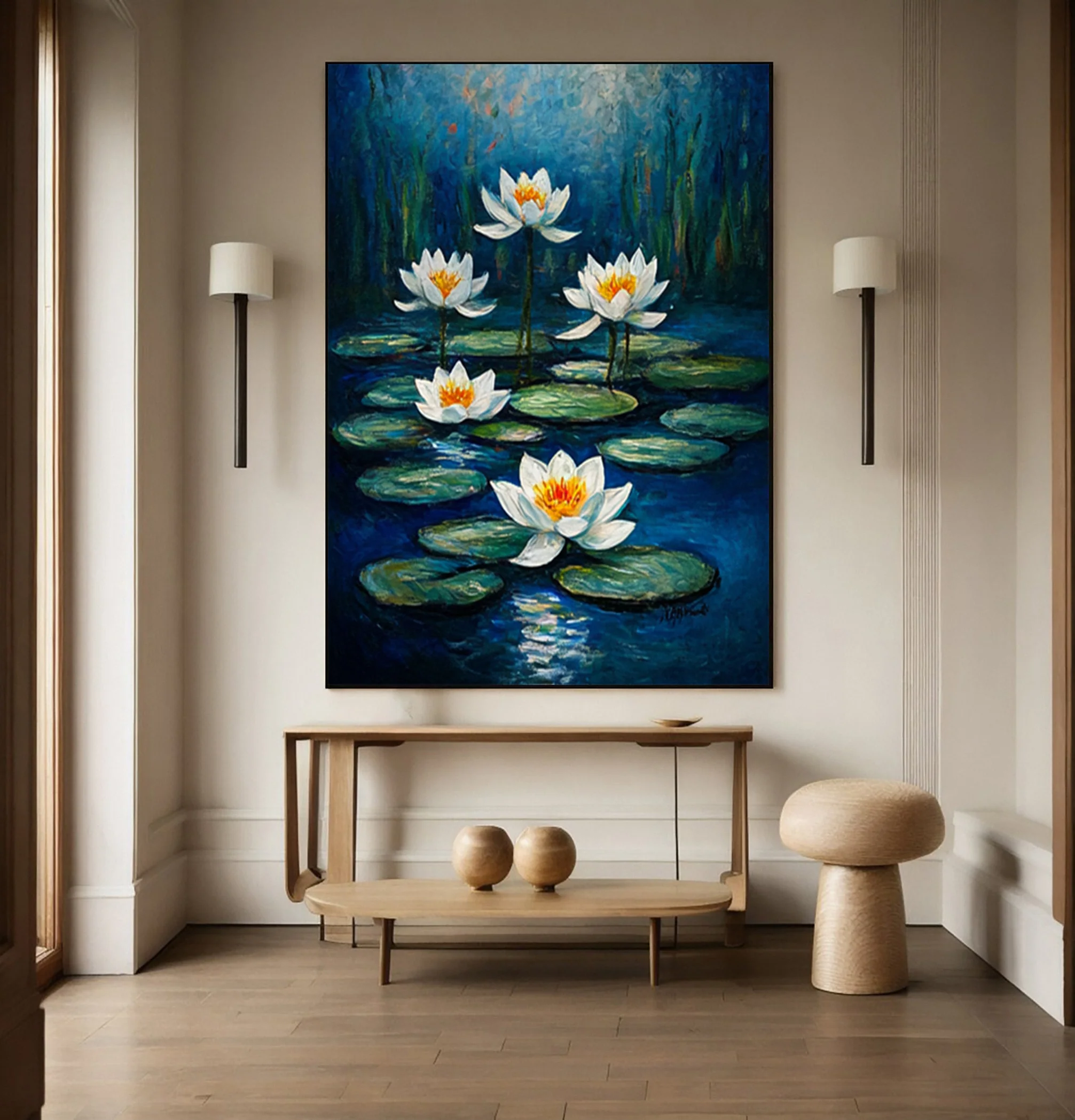 Contemporary Painting of Luminous White Lilies Under Moonlight #BGA 362