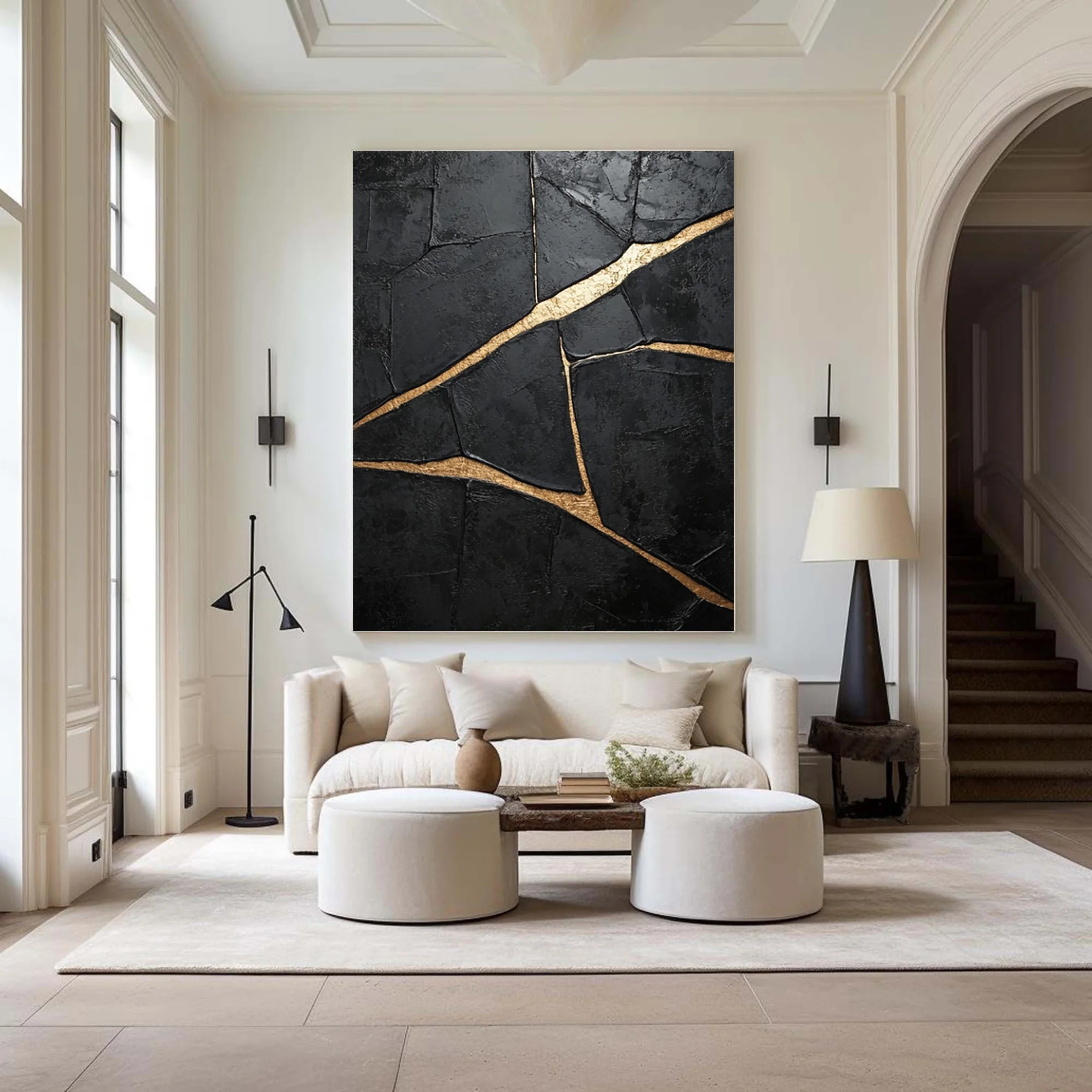 Deeply Textured Black with Bold Gold Trails, Modern Abstract #BGA 265