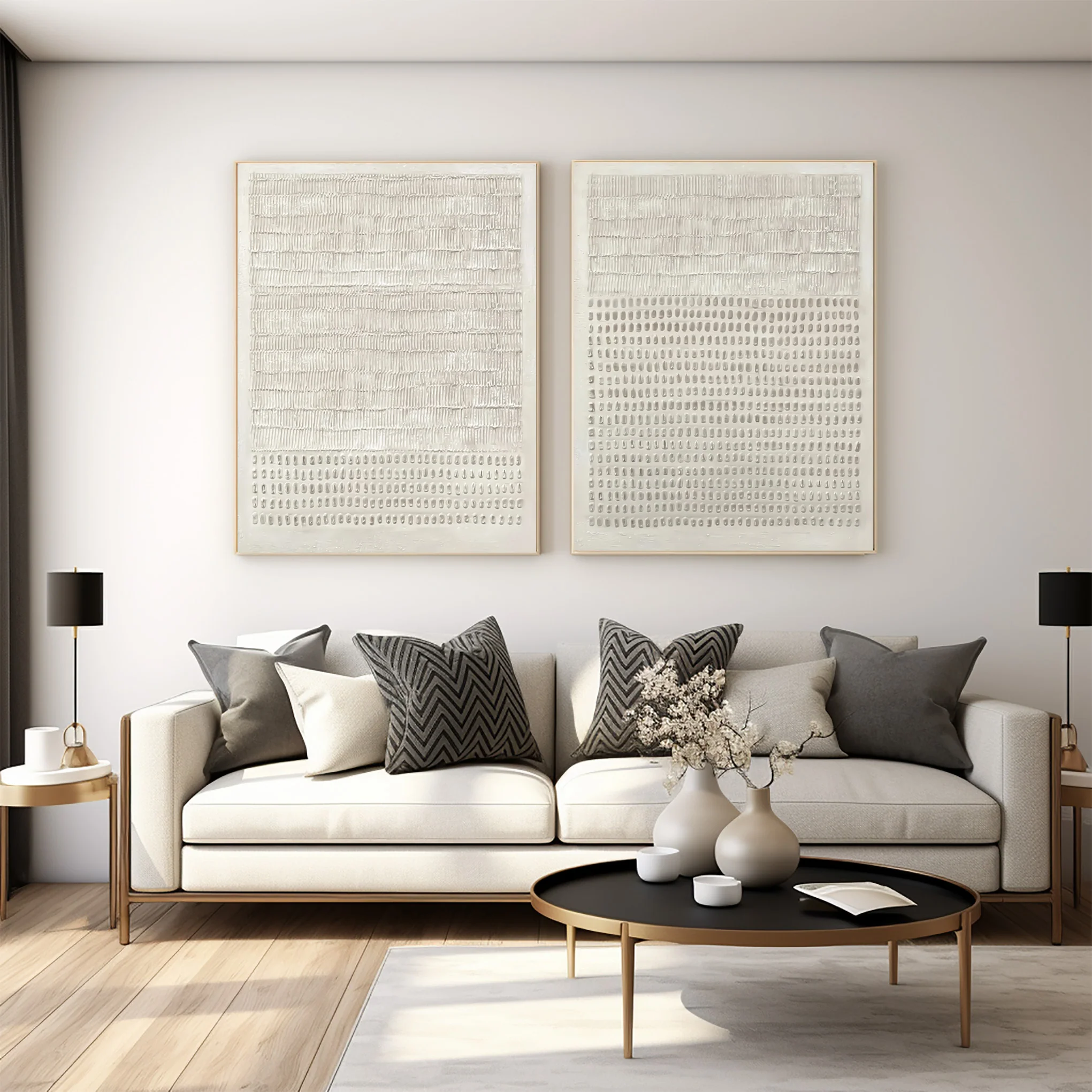 Contemporary Neutral Wall Art Set Two Piece Living Room #WG 032