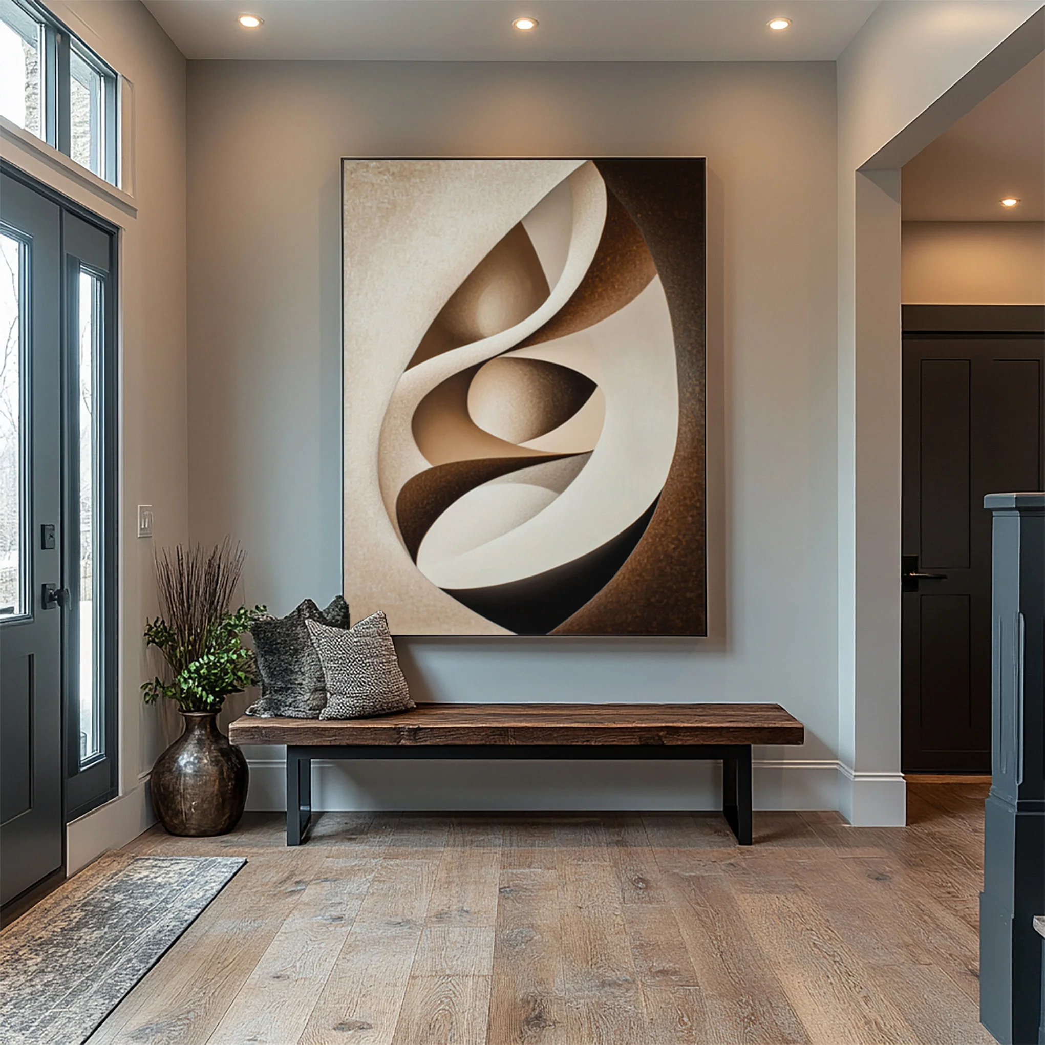 Abstract Canvas in Cream and Brown Interplay Within an Oval #BGA 299