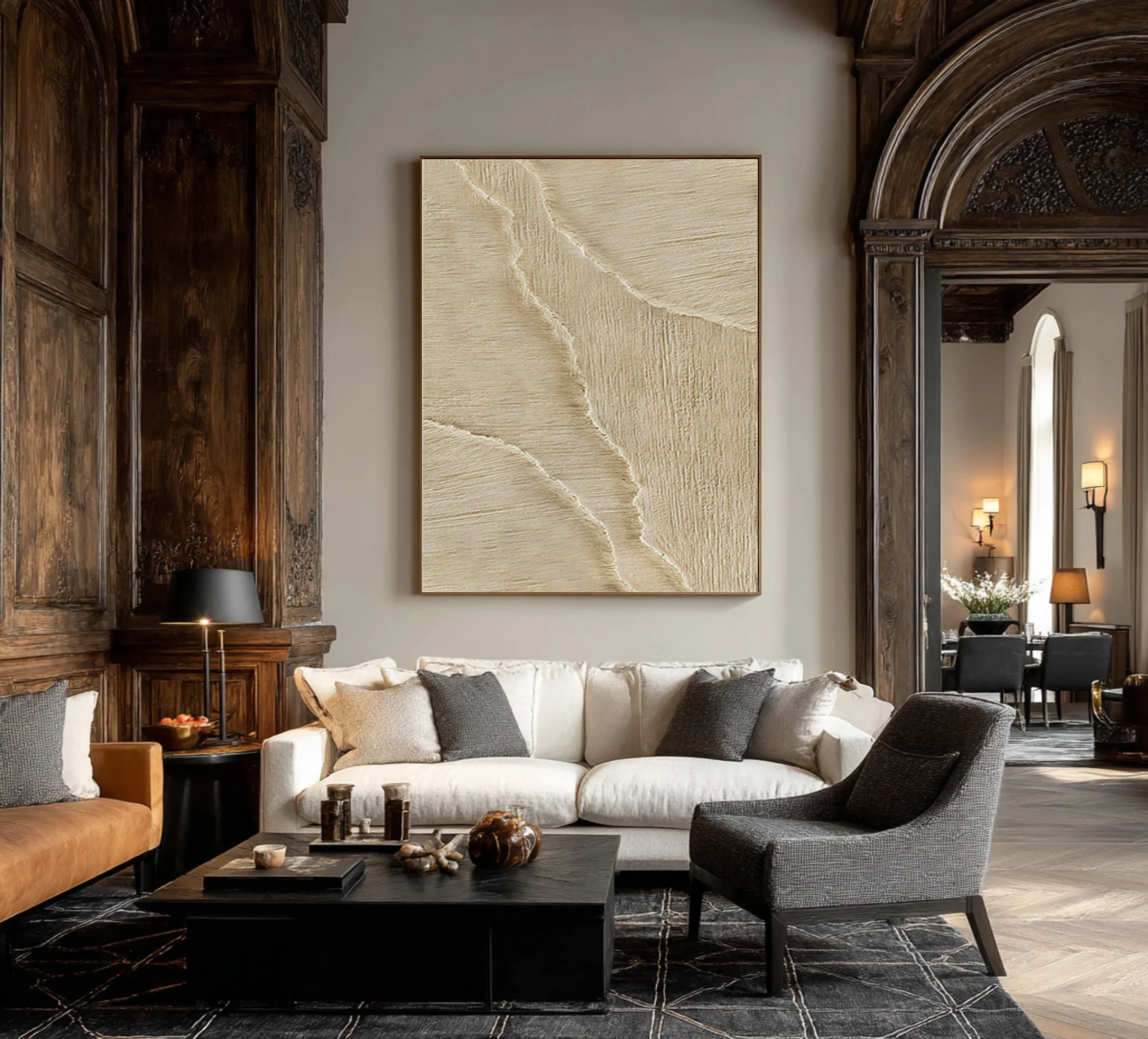 Tall Cream Relief Painting Contemporary Wall Sculpture #WG 069