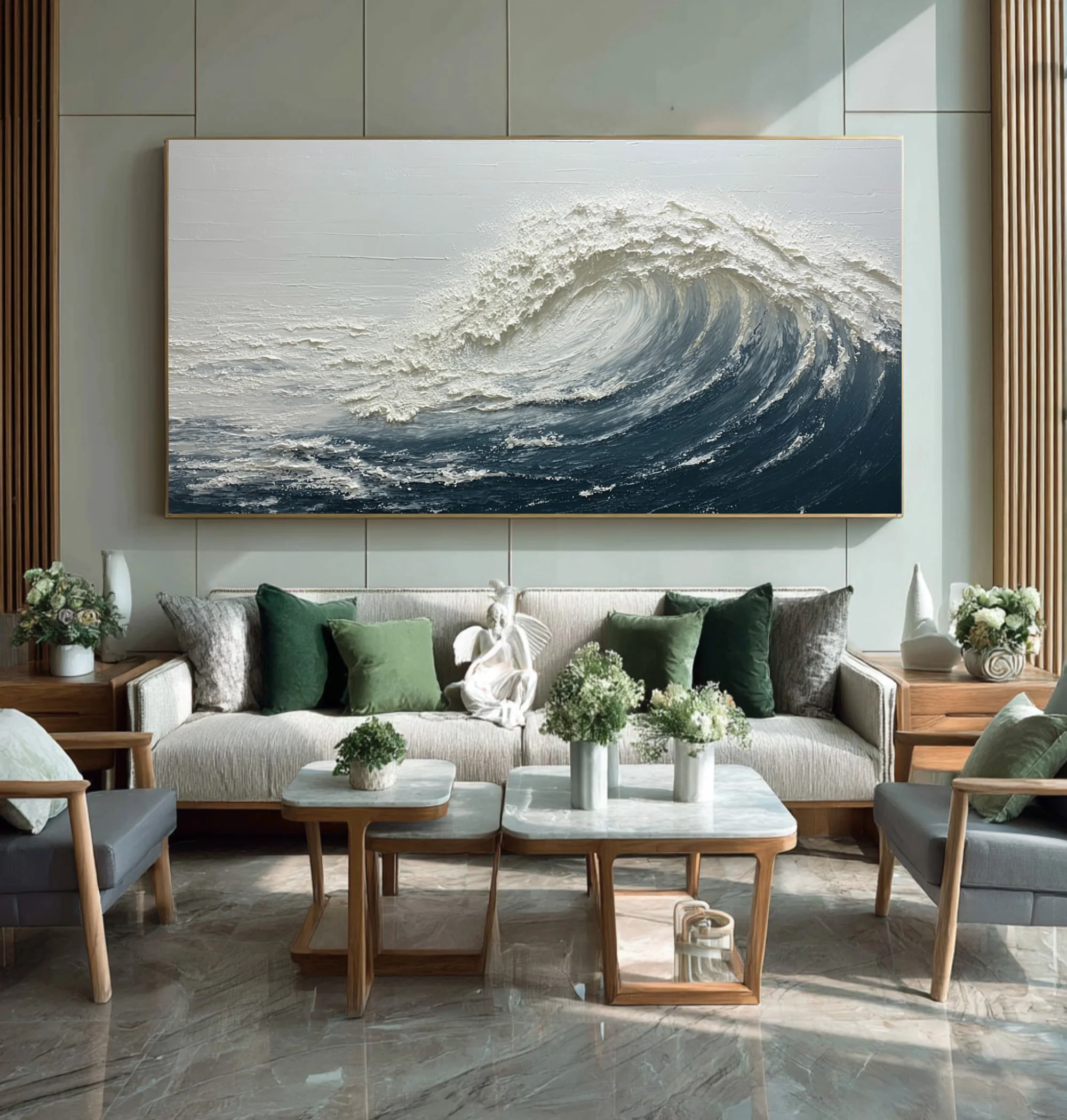 Abstract Seascape Art Blue White Waves Decor #WG 059