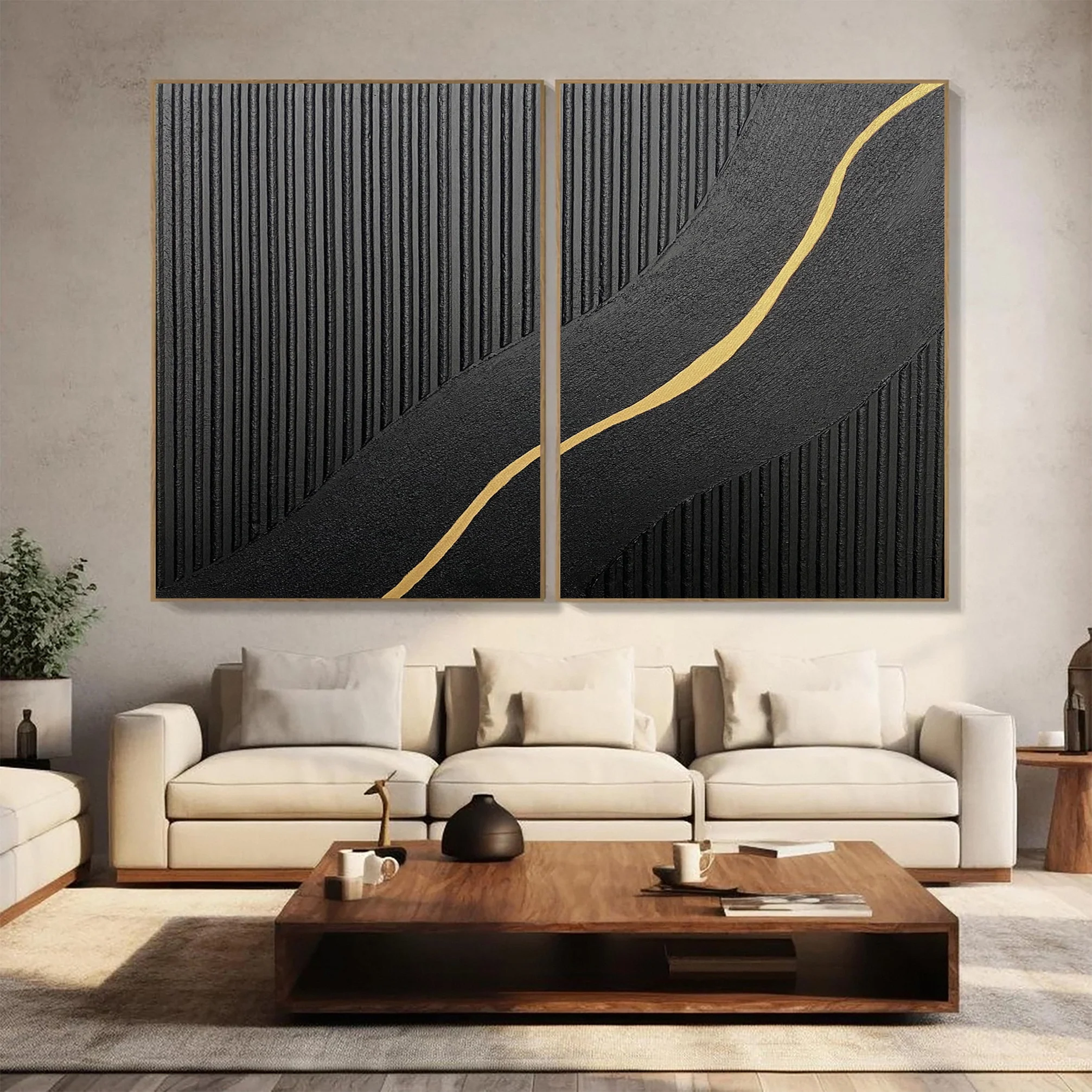 Textured Black Diptych with a Curving Gold Accent Unfurling #BGA 312