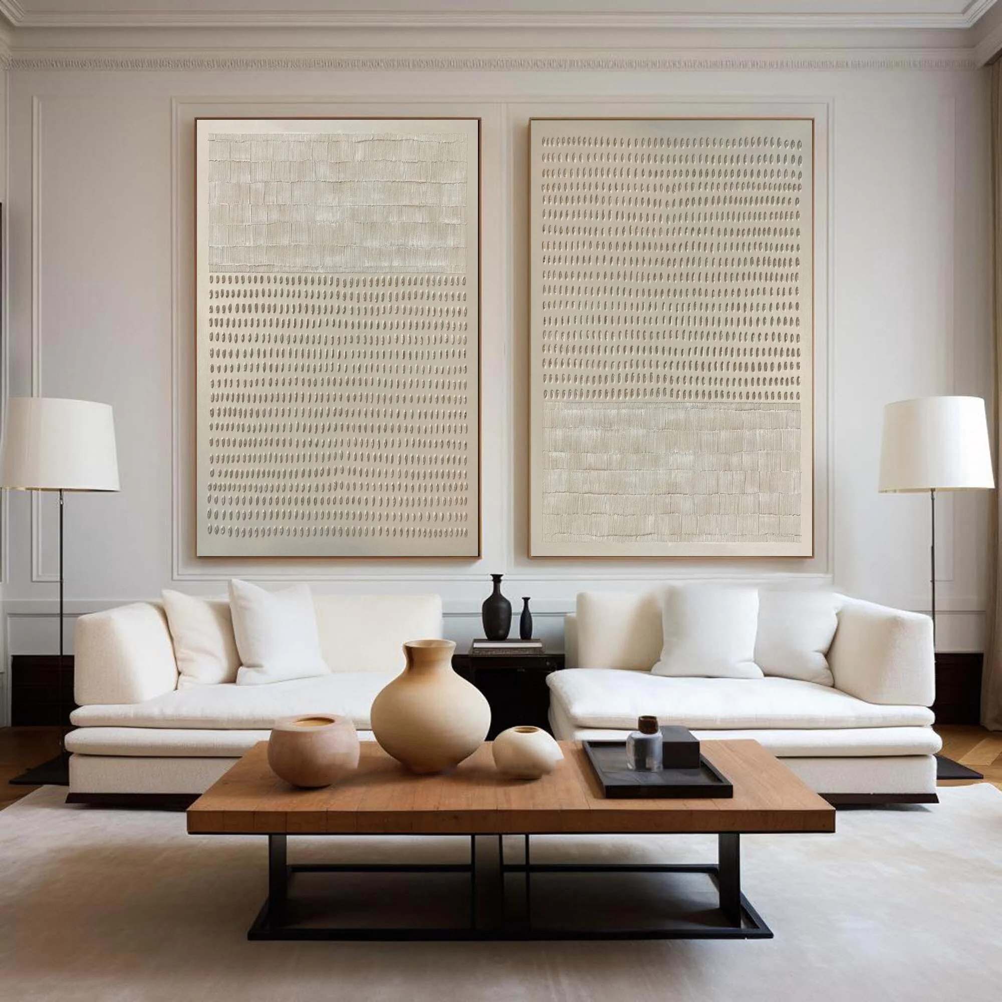 Abstract Neutral Diptych with Repeated Tactile Strokes #BGA 293