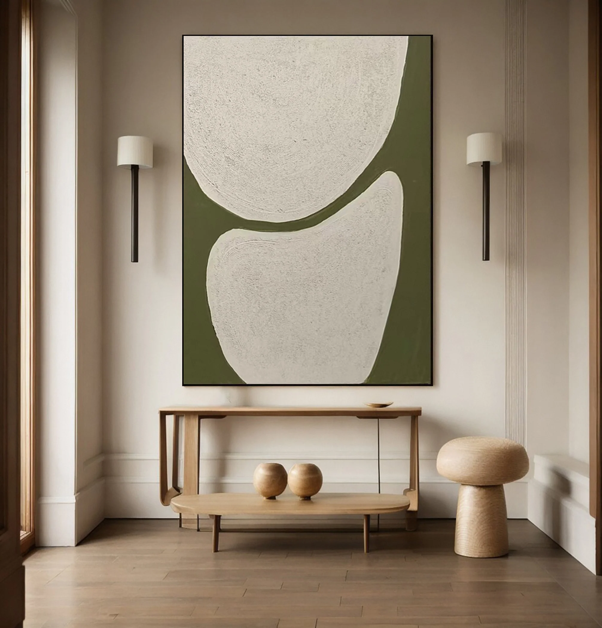 Abstract Painting with Creamy Textured Shapes on Olive Green #BGA 342
