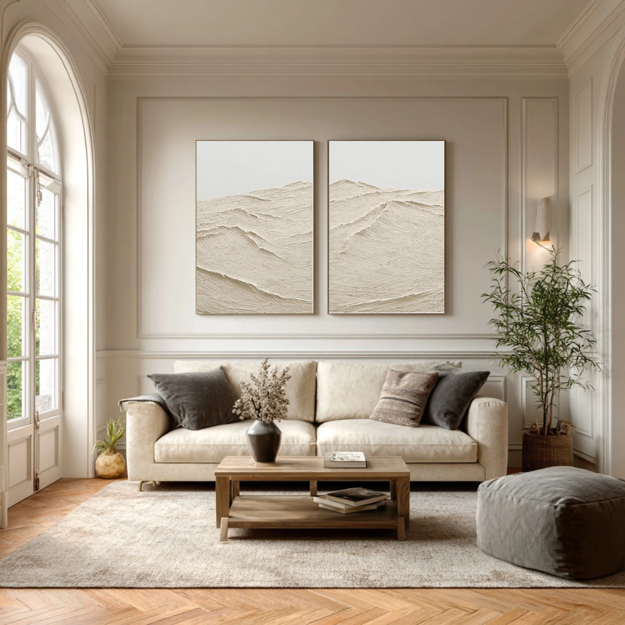 Large Paired Cream Relief Paintings Modern Gallery Style #WG 072